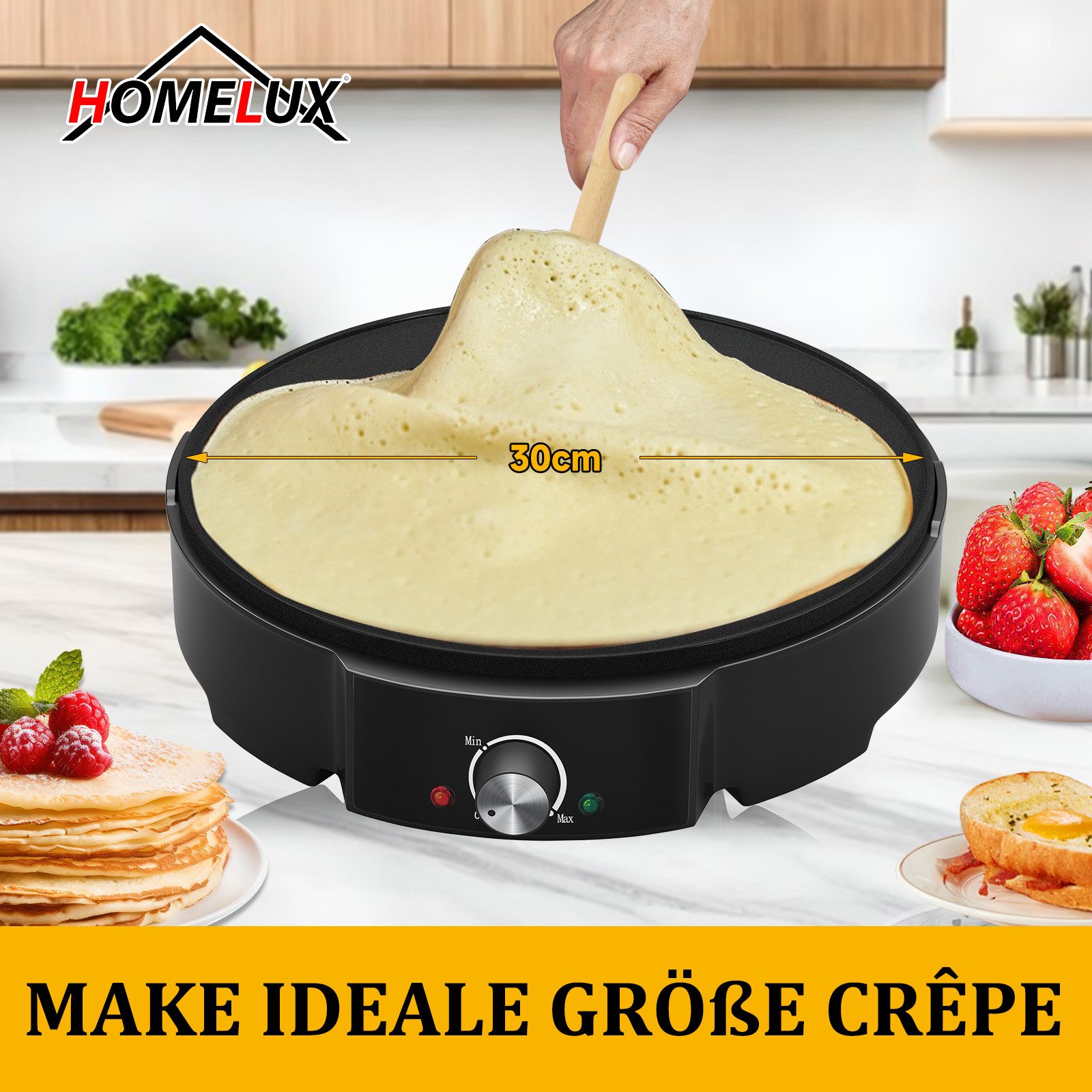 HOMELUX Crêpesmaker 1200 W, Ø 30 cm, inkl. Teigverteiler & Crêpes-Wender, 1200,00 W, Ø 30,00 cm, Temperaturregler, Antihaftbeschichtet