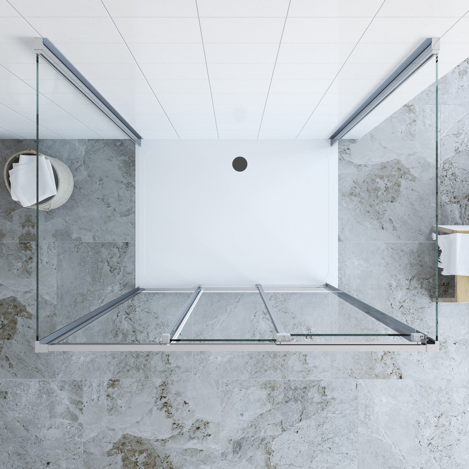 AQUALAVOS Grossraumdusche Duschkabine Eckeinstieg U-Form Schiebetür 3 Teilig mit 2 Seitenwänden, BxT: 85x90 cm, 6 mm klar Nano Einscheibensicherheitsglas (ESG), Untere Türrollen mit abklappsystem, Türöffnung: Tür öffnet nach Seite