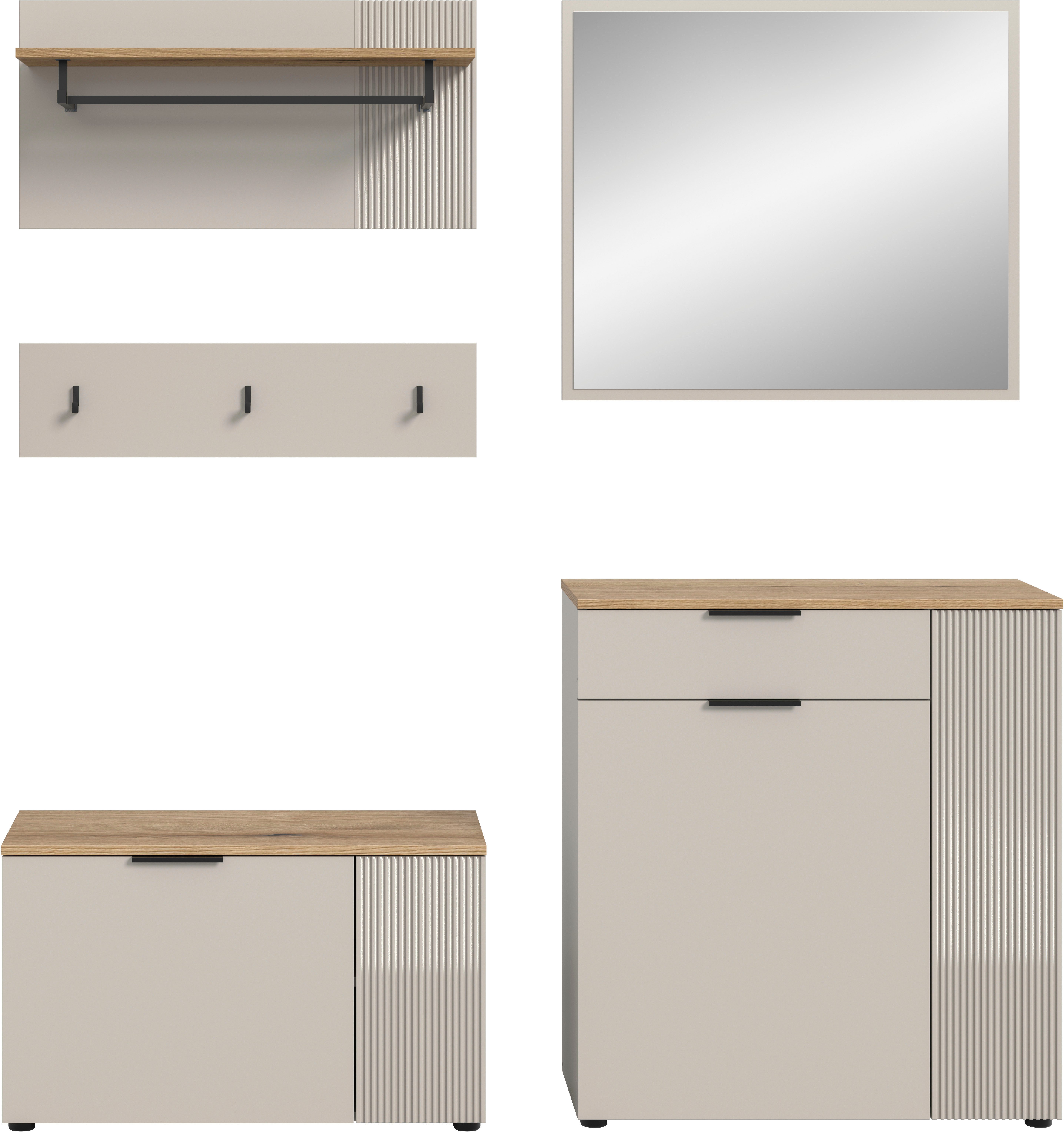 Home affaire Garderoben-Set EDIL, Breite 175 cm, 5-teilig, Front mit hochwertiger Längstfräsung, (Set, 4-St., best. aus: Sitzbank, Paneel, Hakenleiste, Kommode & Spiegel), Garderobenkombination, Kombination, Set, Garderobe, Flurgarderobe