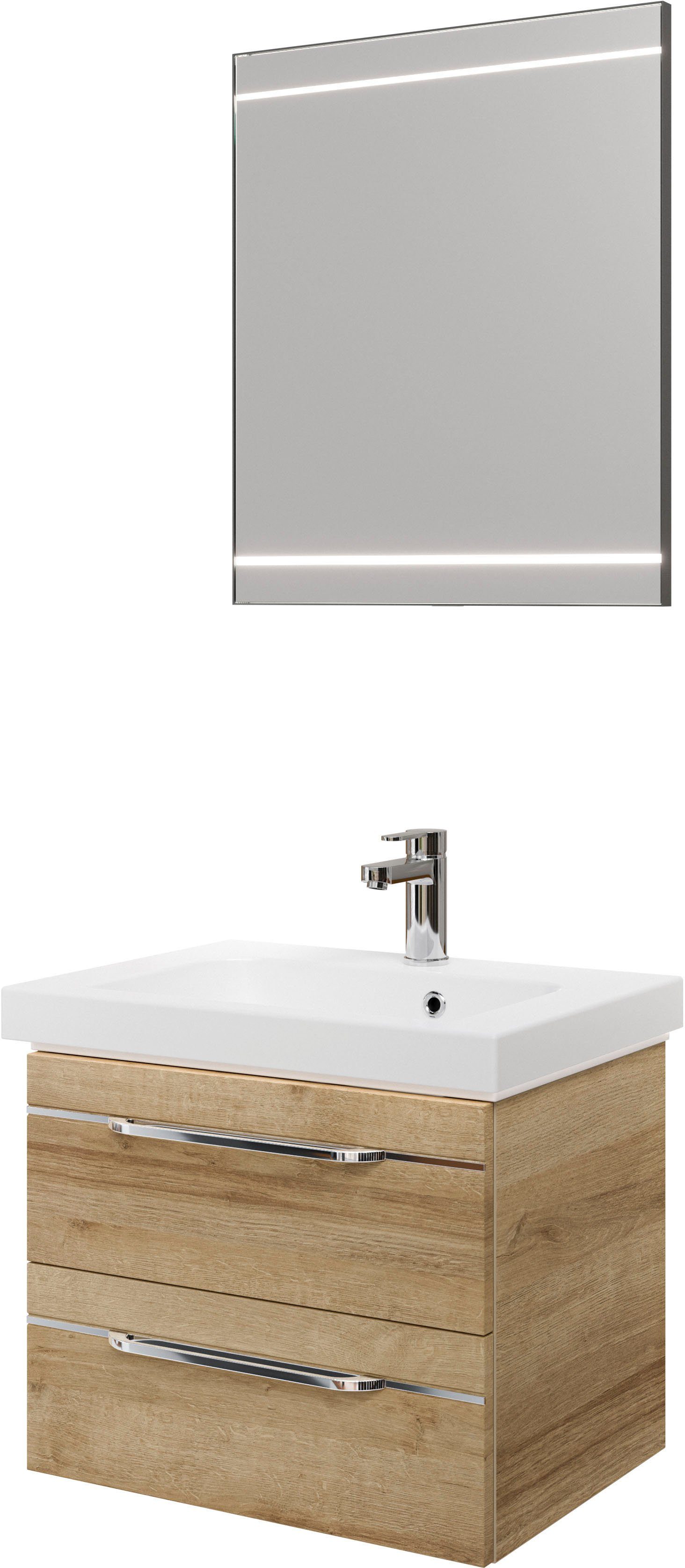 Saphir Badmöbel-Set Balto 2-teilig Mineralmarmor-Waschtisch mit LED-Spiegel, Waschplatz, (2-St), 64,4 cm breit, mit 2 Schubladen, Badschrank inkl. Schubladendämpfer