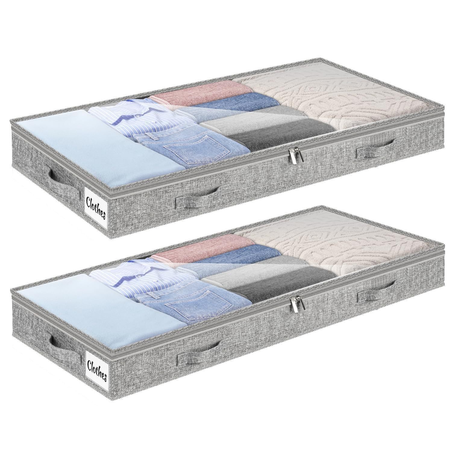 LEMLIT Unterbettkommode Unterbett Aufbewahrung, Unterbettbox mit Deckel (2er Set, 2 St., 100 x 50 x 10 cm), Faltbare Aufbewahrungstaschen mit Klarsichtdeckel und Reißverschluss