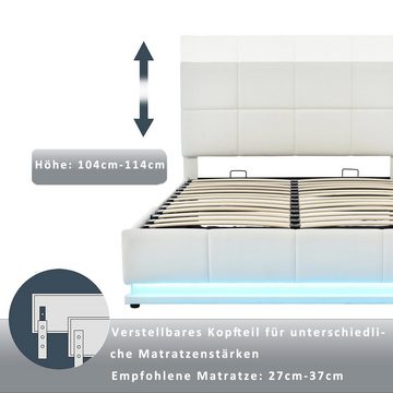 Merax Polsterbett mit LED-Beleuchtung, Lattenrost und Bettkasten, Bezug Kunstleder, hydraulisches Stauraumbett, Doppelbett 140x200cm, Funktionsbett