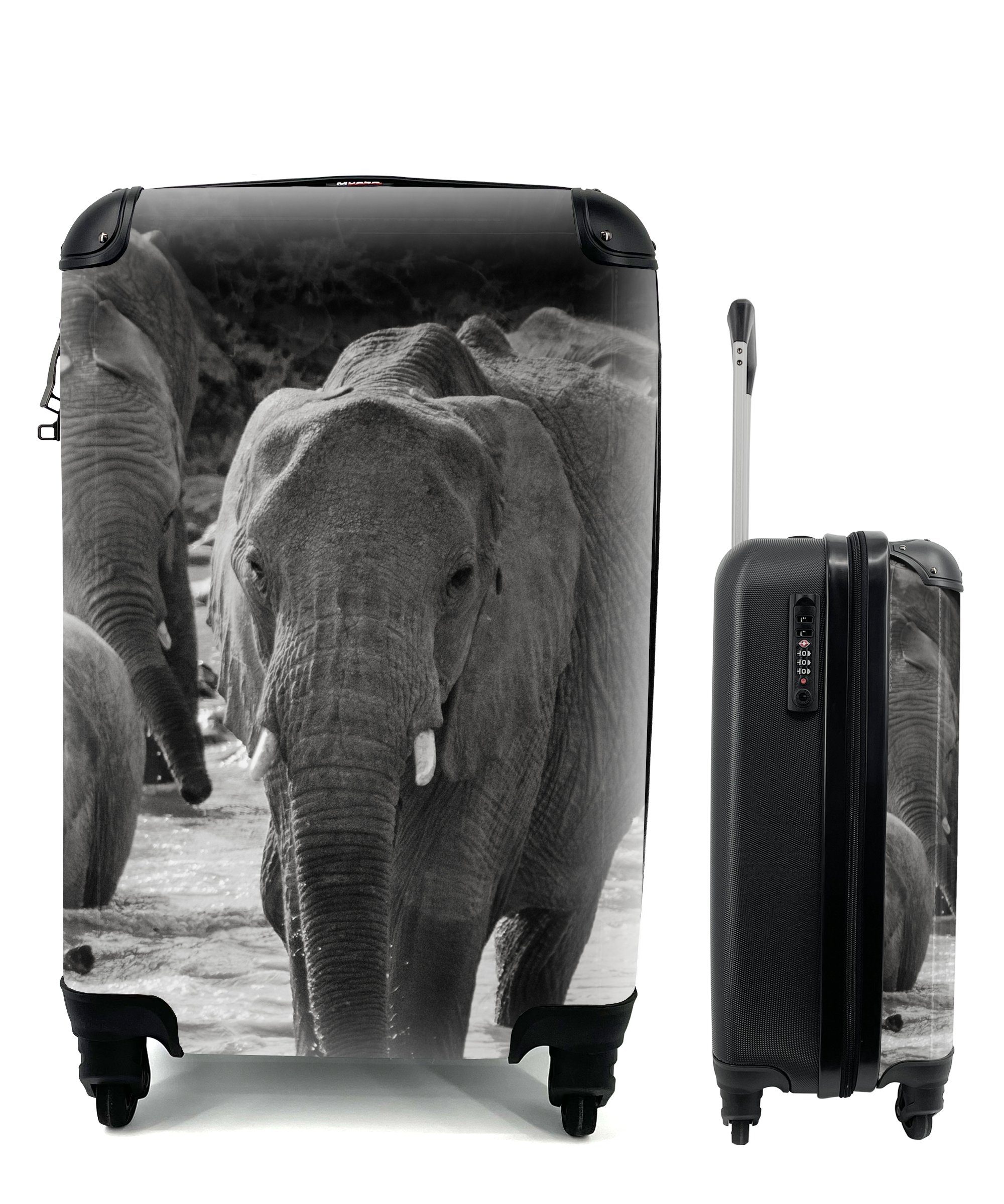MuchoWow Handgepäckkoffer Elefant - Tiere - Wasser - Schwarz und weiß, 4 Rollen, Reisetasche mit rollen, Handgepäck für Ferien, Trolley, Reisekoffer