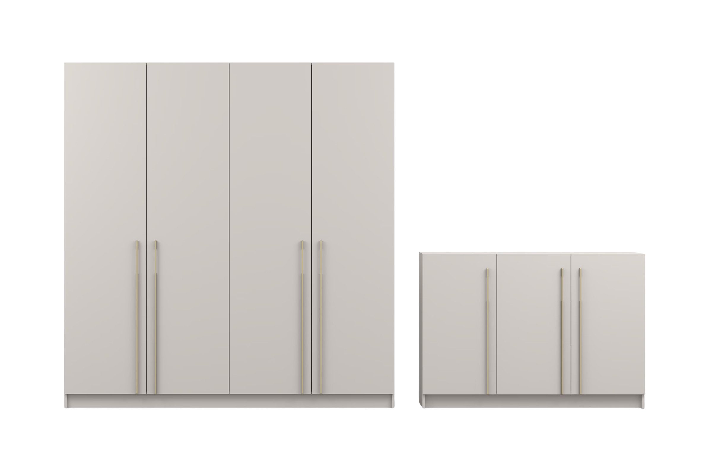 Deine Möbel 24 Schlafzimmer-Set C MIRELO mit 4- oder 6-türigem Kleiderschrank & 3-türiger Kommode, (ideal für Schlafzimmer, Ankleiderzimmer & Flur, 2-tlg., Kleiderschrank 200 cm 4-türig oder 230 cm 6-türig & Kommode 134 cm), Möbel-Set in Weiß matt oder Kaschmir, goldfarbene Griffe
