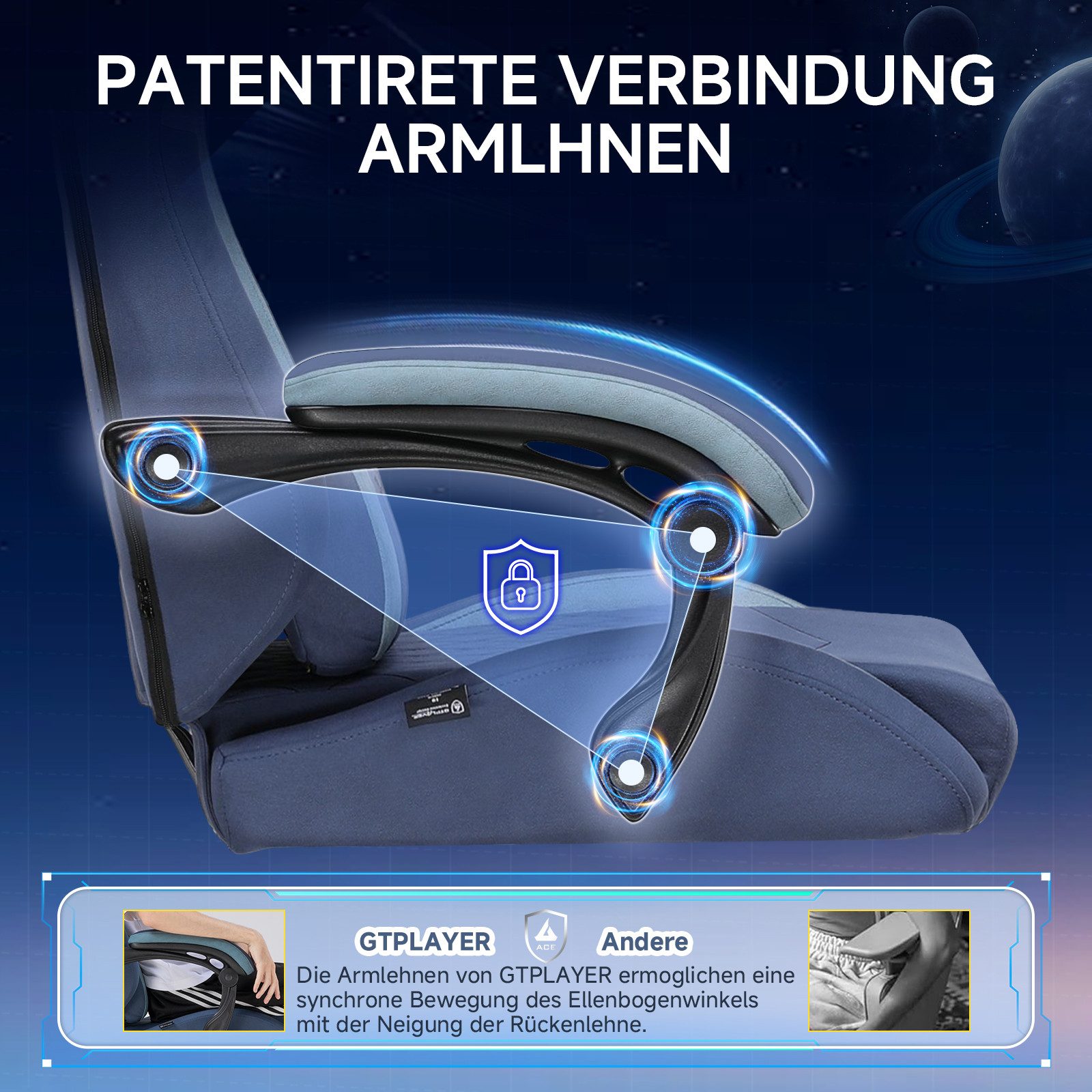 GTPLAYER Gaming-Stuhl Stoff Gaming Chair Ergonomisch Bürostuh PC Stuhl, 150kg Belastbarkeit, Schreibtischstuh mit Federsitzkissen und Fußstütze – Bild 3 von 5