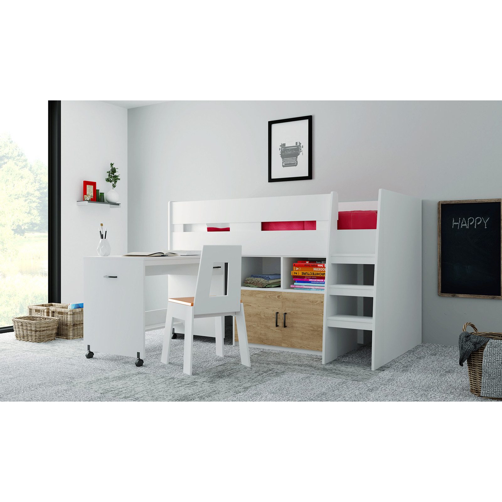 HTI-Living Hochbett Hochbett Luisa weiß (Stück, 1-St., 1x Hochbett) mit ausziehbarem Schreibtisch und Schrank