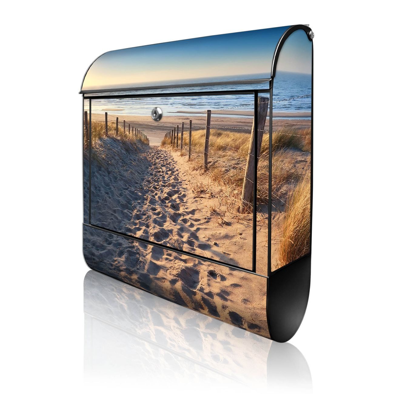 banjado Wandbriefkasten Schwarz Stahl mit Motiv Nordseestrand (Wandbriefkasten witterungsbeständig, pulverbeschichtet, mit Zeitungsfach), 47 x 39 x 14 cm