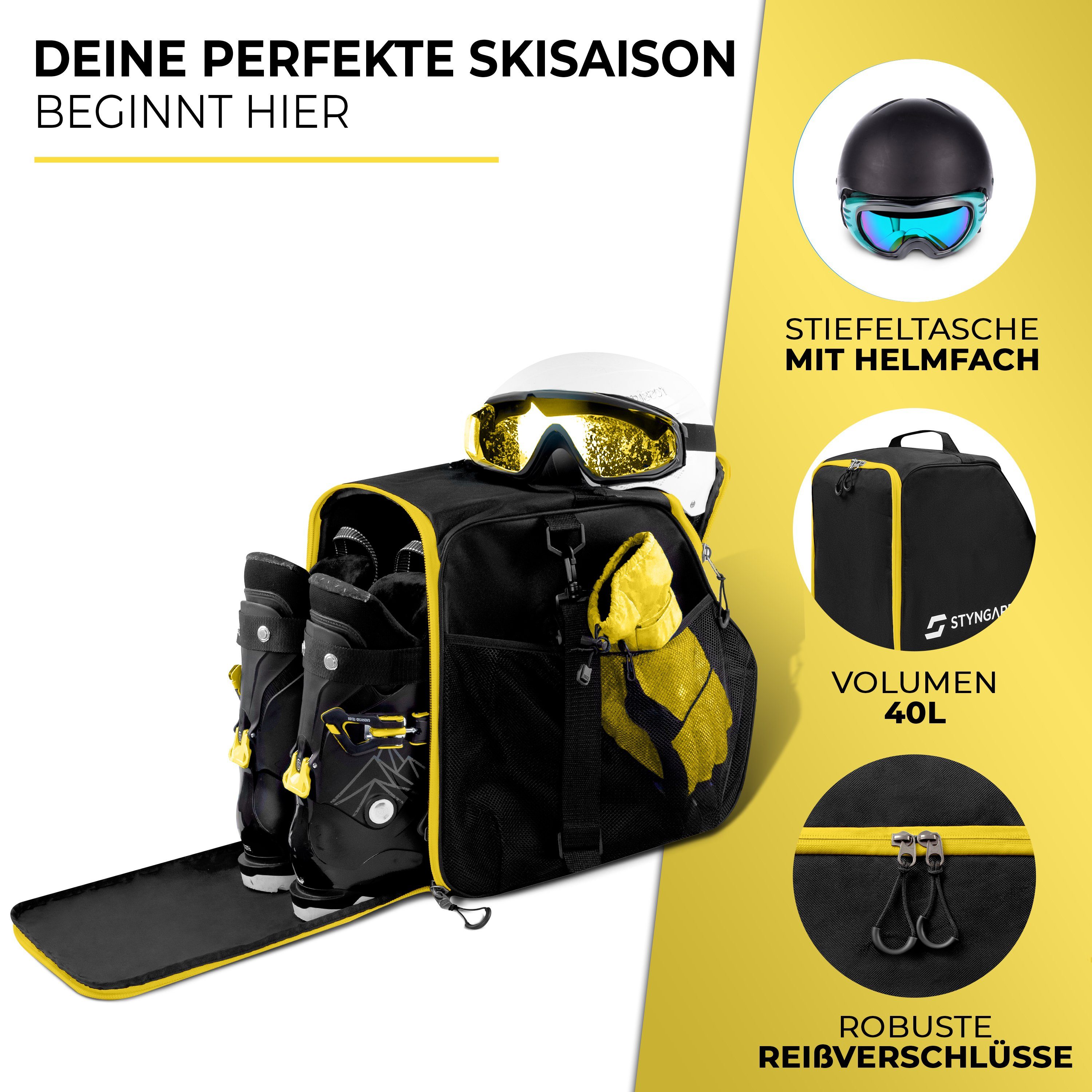 ZERMATT, L] Stiefelfach Skischuhtasche Styngard mit Skitasche Helmfach [40 Schwarz-Gelb und