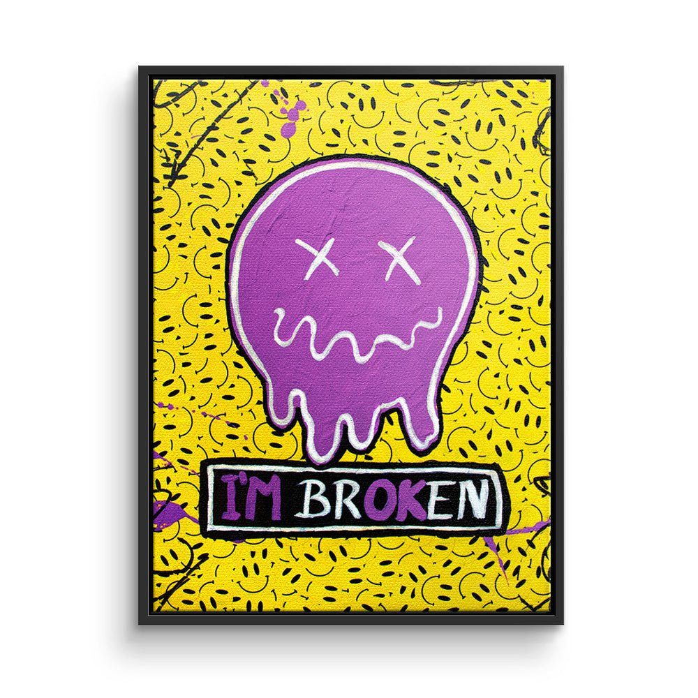 DOTCOMCANVAS® Leinwandbild, Leinwandbild I´m broken gelb lila smilie emoji mit premium Rahmen schwarzer Rahmen
