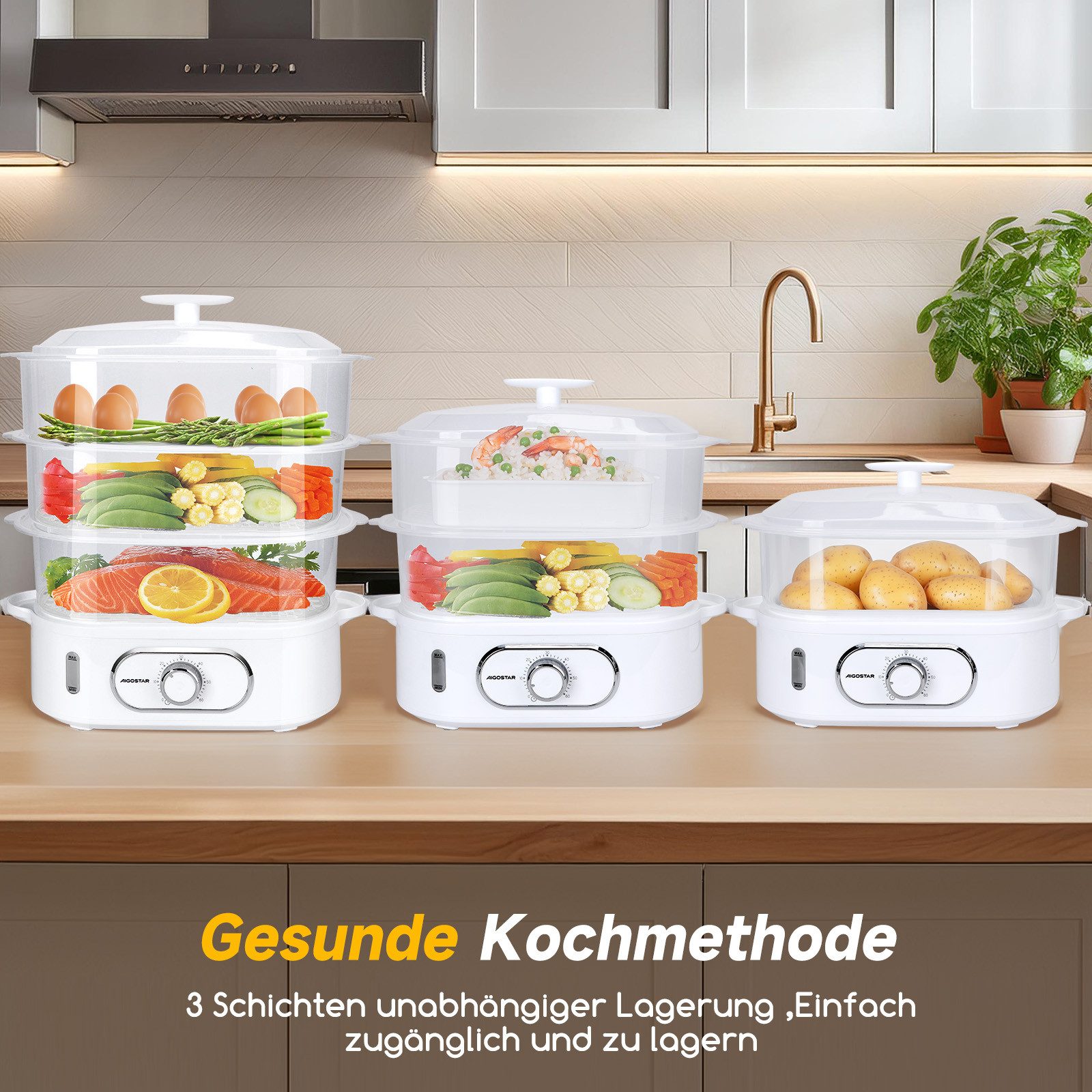 Aigostar Dampfgarer Fitfoodie mit Timer 9L/12L, 800W/900W, 3-Etagen Stapelkörbe, BPA frei, 800,00 W, Überhitzungsschutz, Intelligenz, Leicht zu reinigen – Bild 5 von 5