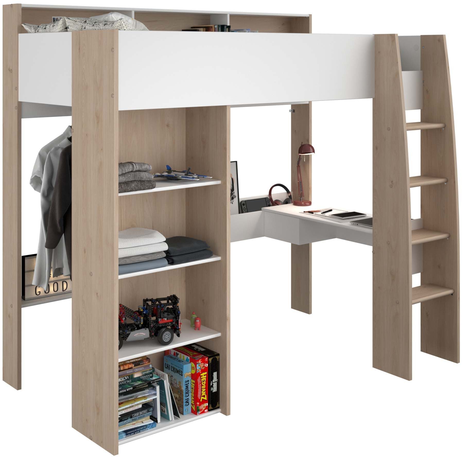 Parisot Hochbett Shelter 11 (1-St) integrierter Schreibtisch, Leiter, Regal, Kleiderstange, Ablagen – Bild 2 von 5