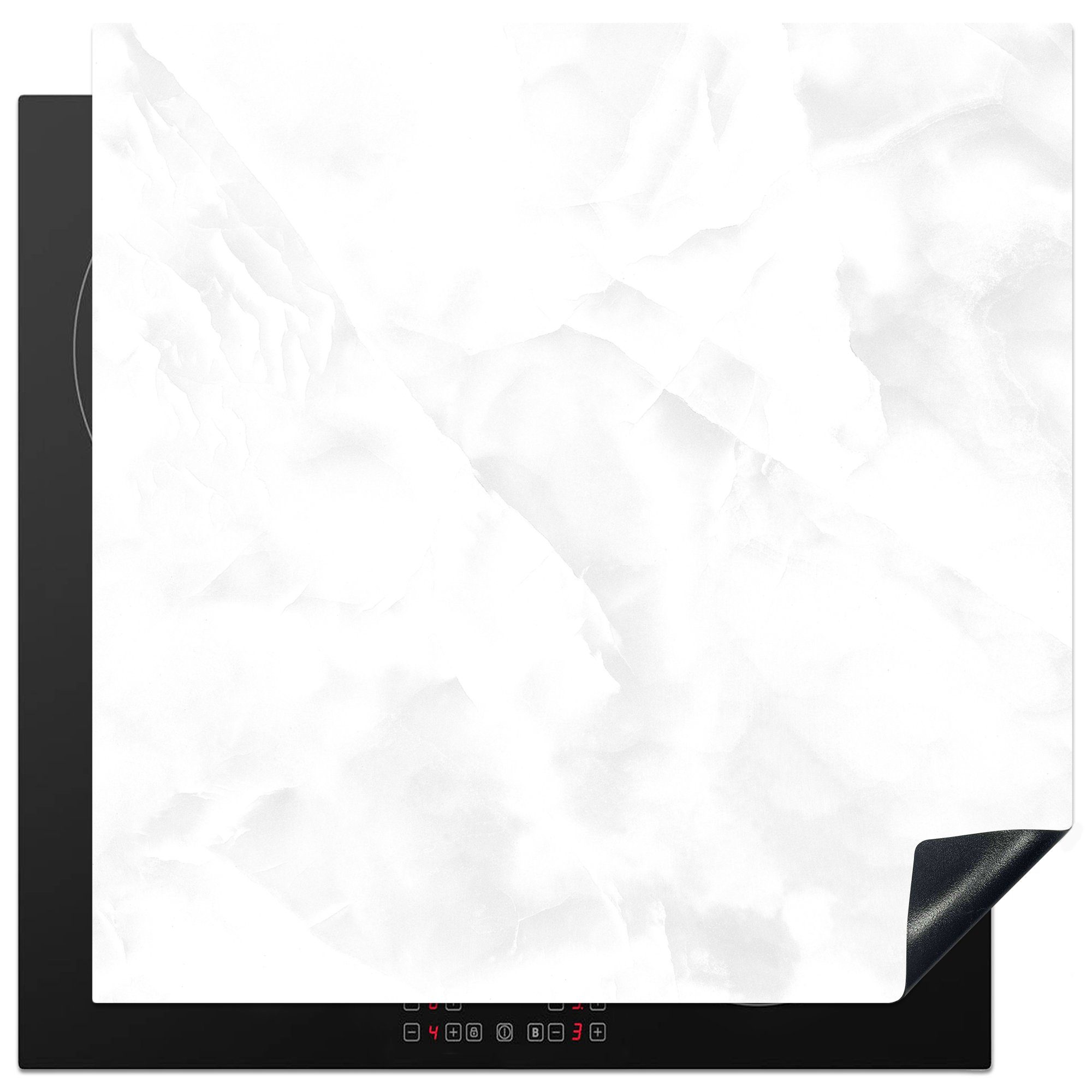 MuchoWow Herdblende-/Abdeckplatte Marmor mit schneeweißer Farbe - schwarz und weiß, Vinyl, (1 tlg), 78x78 cm, Ceranfeldabdeckung, Arbeitsplatte für küche