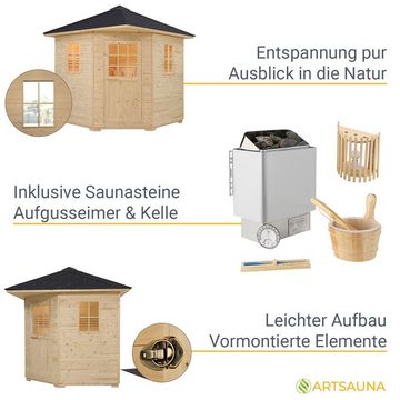 Artsauna Saunahaus Eldur, BxTxH: 200 x 200 x 256 cm, 40 mm, für 4 Personen, Fichtenholz, 8 kW Ofen, Sanduhr, Thermo-Hygrometer