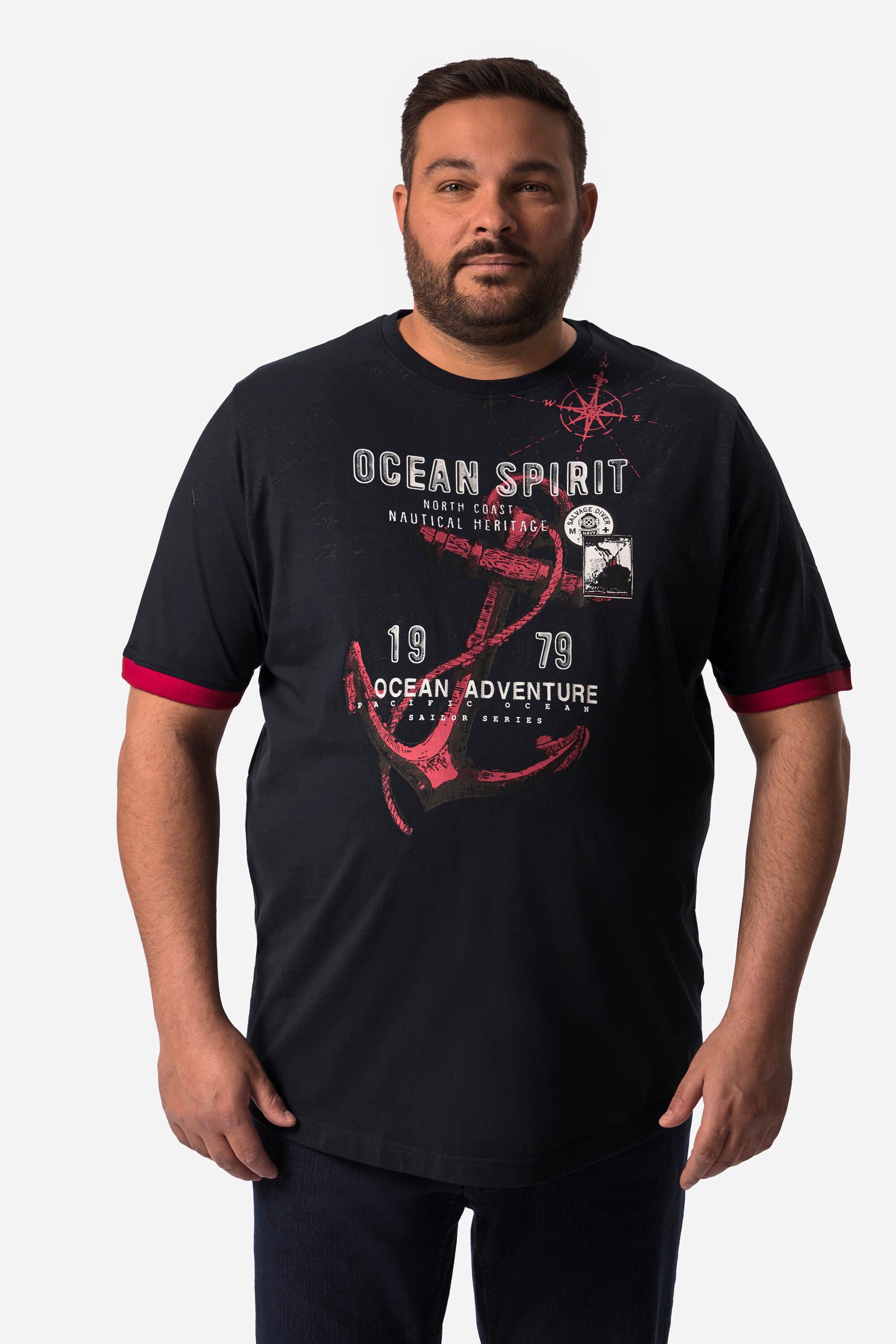 Men Plus T-Shirt Men+ T-Shirt Halbarm großer Print Rundhals günstig online kaufen