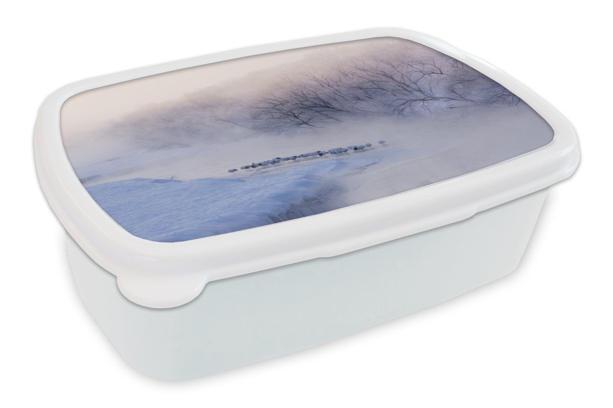 MuchoWow Lunchbox Vogel - Nebel - Fluss - Winter - Eis, Kunststoff, (2-tlg), Brotbox für Kinder und Erwachsene, Brotdose, für Jungs und Mädchen weiß