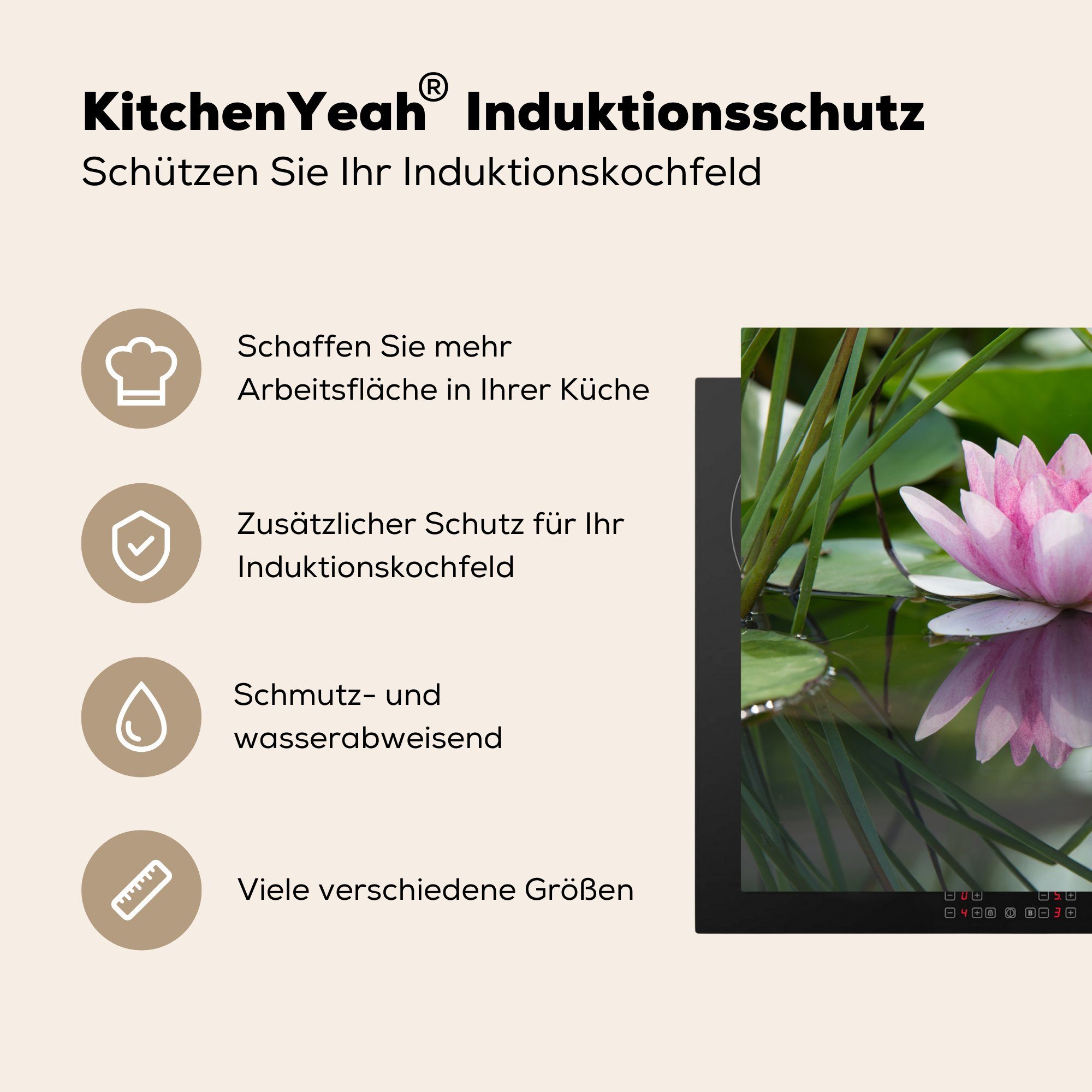 Lotus cm, Herdblende-/Abdeckplatte Vinyl, - Induktionskochfeld die Ceranfeldabdeckung küche, Schutz für tlg), 81x52 - Wasser, Blumen (1 MuchoWow