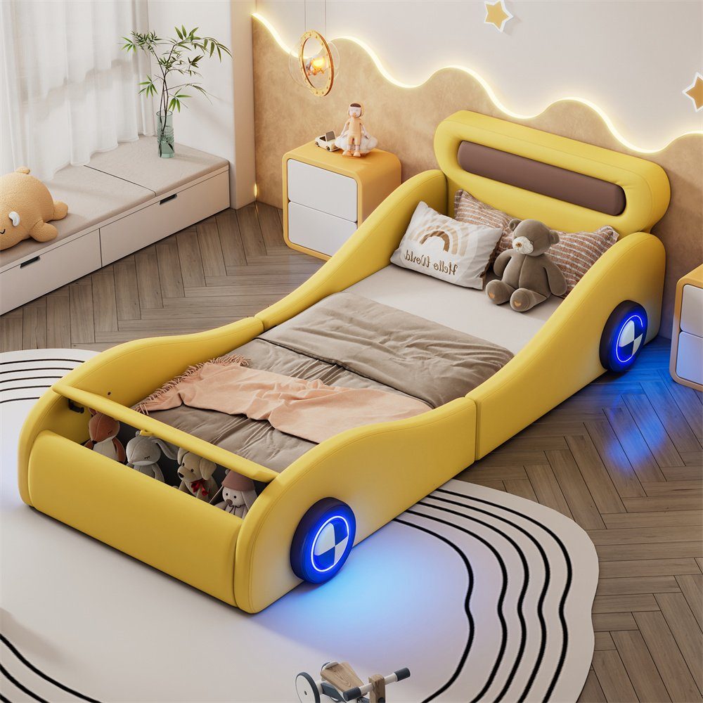 XDeer Youth Bed 90x200cm Single Bed, Children's Bed, Youth Bed, Upholstered Bed Car Shape with Light-Up Wheels Storage Space