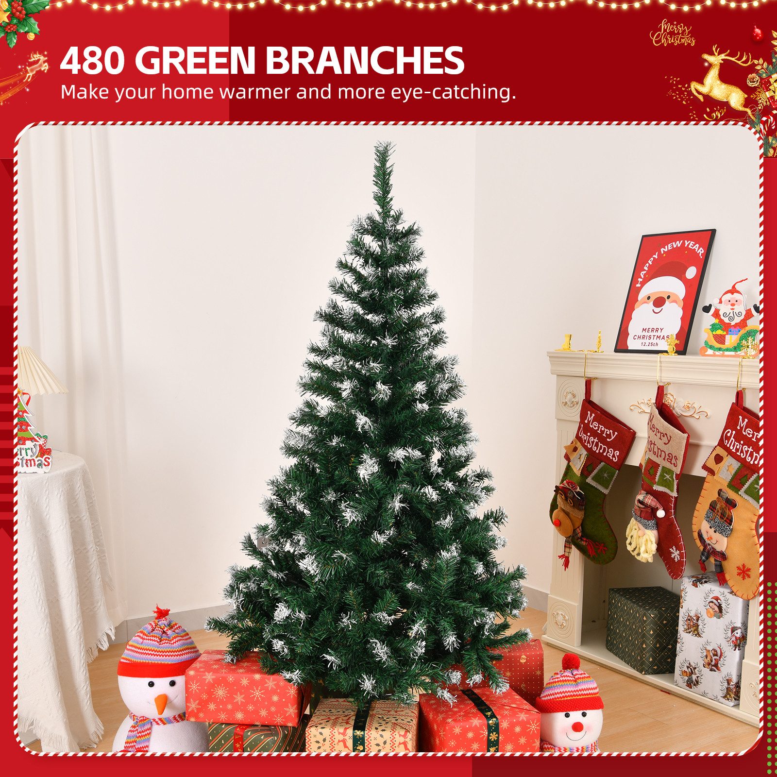 VINGLI Künstlicher Weihnachtsbaum mit 300/420/480/650/700/800/870/900 Zweigspitzen, grüne Zweige mit weißen Spitzen, Eisenbeinen, 120/150/180/210 cm – Bild 4 von 5
