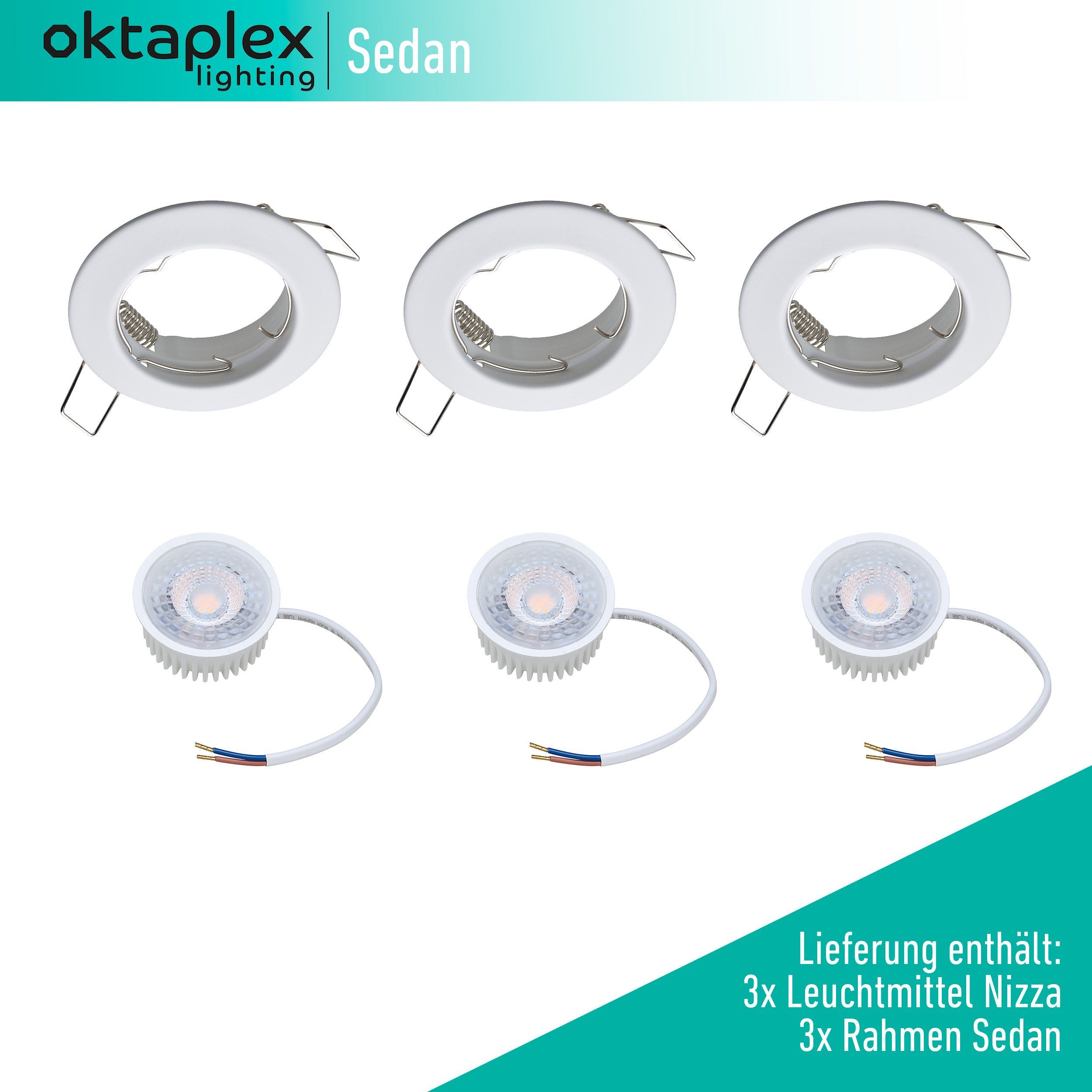 Oktaplex lighting LED Einbaustrahler 3er Set LED Deckenstrahler flach inkl. 3er Set LED Module 4,8W 380, 3-Step Dimmung, Leuchtmittel wechselbar, warmweiß, 3000 Kelvin 230V weiß