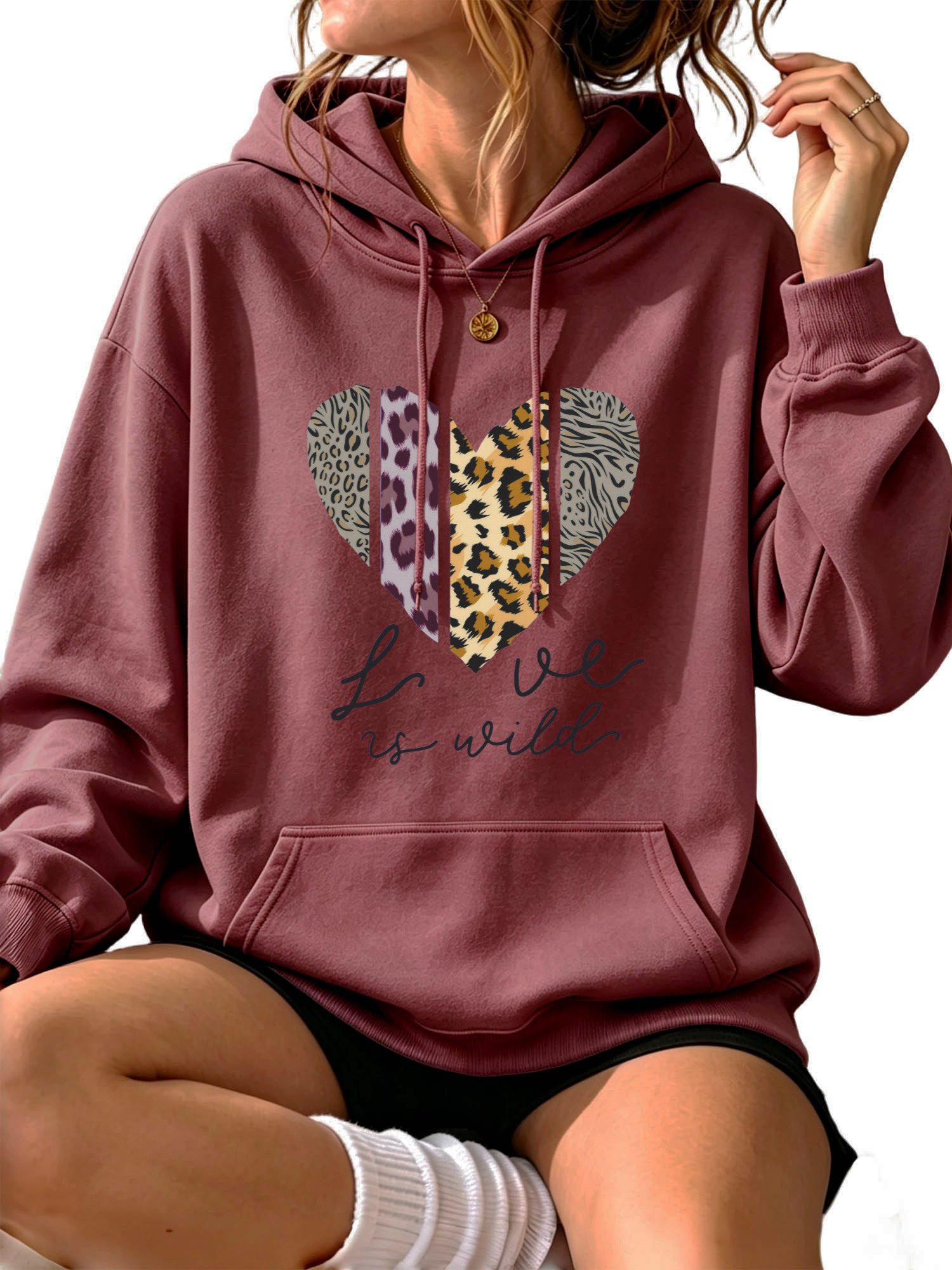 PYLIKE Hoodie Damen Print Hoodie aus kuscheligem mit großer Tasche Lässiger Streetstyle für den Winter