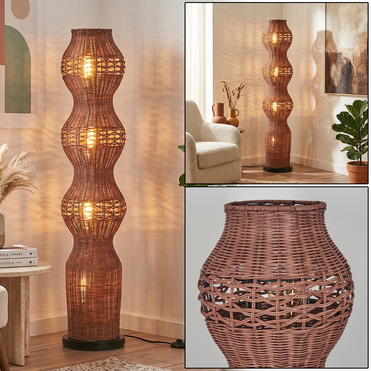 hofstein Stehlampe Stehlampe mit Schirm aus Rattan im skandinavischen Design, ohne Leuchtmittel, moderne Stehleuchte im Boho-Style mit Lichteffekt, E27, Höhe 111 cm