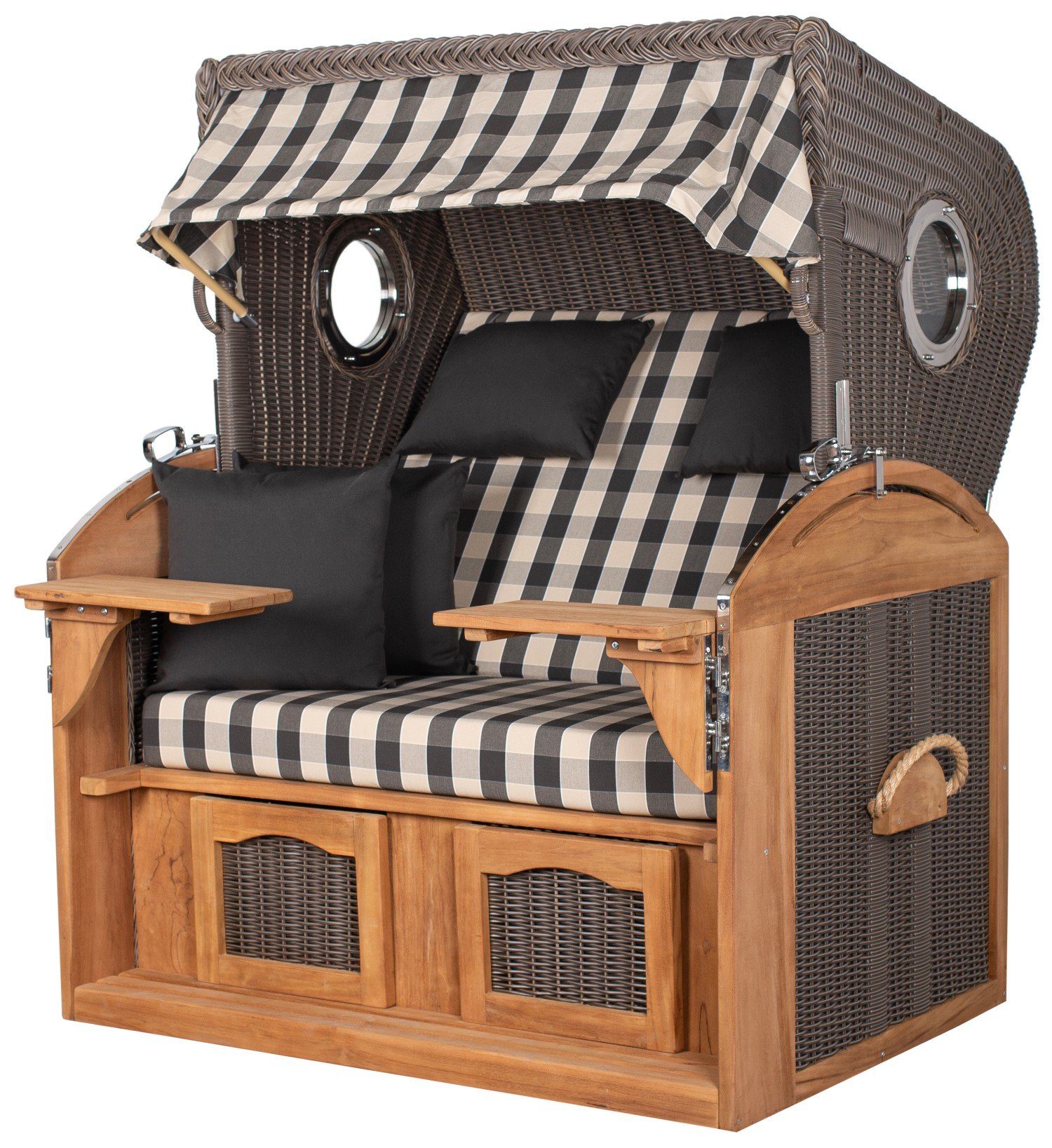 bene living Strandkorb Borkum XL Teak - PE grau - Modell 505, BxTxH: 142x95x170 cm, Volllieger ca. 180 Grad, Nordsee-Strandkorb Komplettset, inkl. Liftersystem und Bullaugen