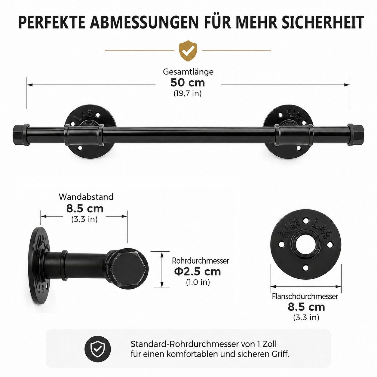 BlingBin Treppengeländer Treppenhandlauf aus Metall, Wandmontage Industrieller Handlauf, 50 cm Länge, Wandmontiertes Geländer, 27-tlg., 50 cm - 2,5 cm Durchmess – Bild 3 von 5