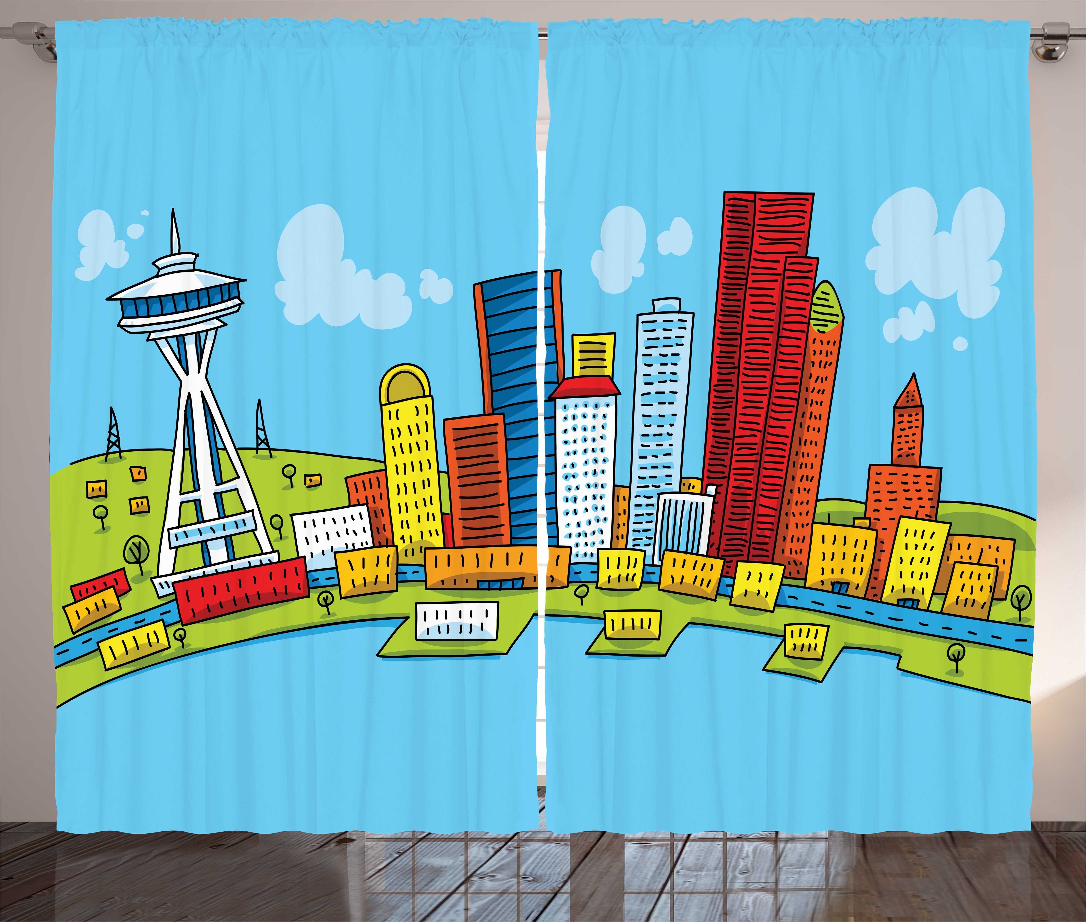 Gardine Schlafzimmer Kräuselband Vorhang mit Schlaufen und Haken, Abakuhaus, Seattle Skyline Cartoon-Szene Kunst