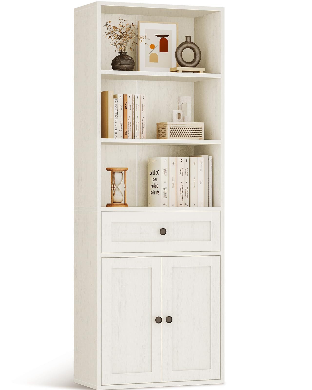 ODK Bücherregal mit Türen, Schrank & Schublade, 5 Ebenen Aufbewahrung, 1-tlg., 164,2 cm Höhe, Weiß, Ideal für Wohnzimmer, Büro & Schlafzimmer