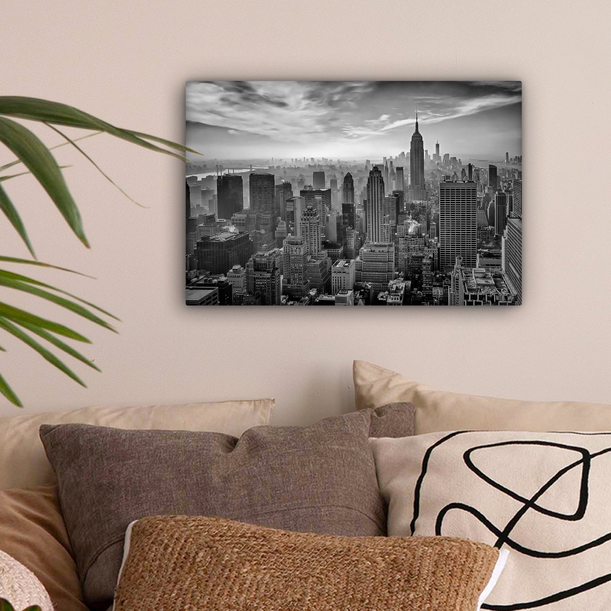 OneMillionCanvasses® Leinwandbild Architektur - St), - - und Skyline Aufhängefertig, New weiß Wandbild York, Schwarz Stadt 30x20 cm - (1 Leinwandbilder, Wanddeko