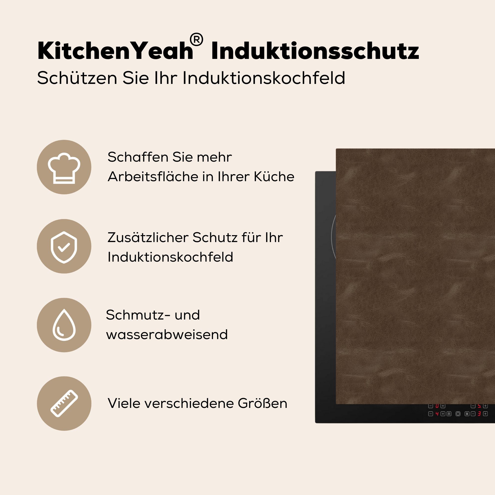 Dekoration Vinyl, - Induktionsherd, MuchoWow Braun cm, (1 58x51 Leder Induktionskochfeld für Küchen tlg), Herdblende-/Abdeckplatte Tiere, -