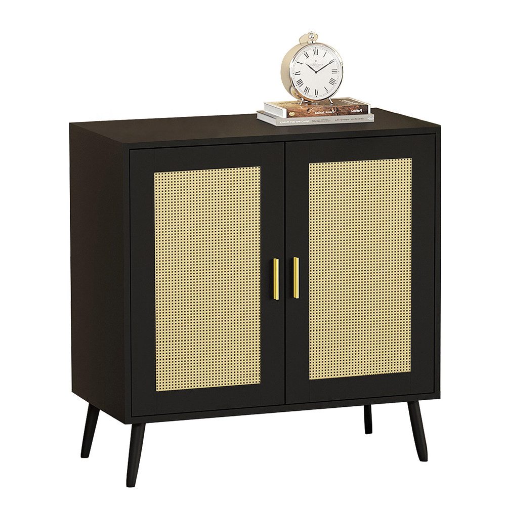 WAOHO Kommode Rattanschrank 2-türiger,Metallgriff, MDF Rattan Sideboard, Standschrank