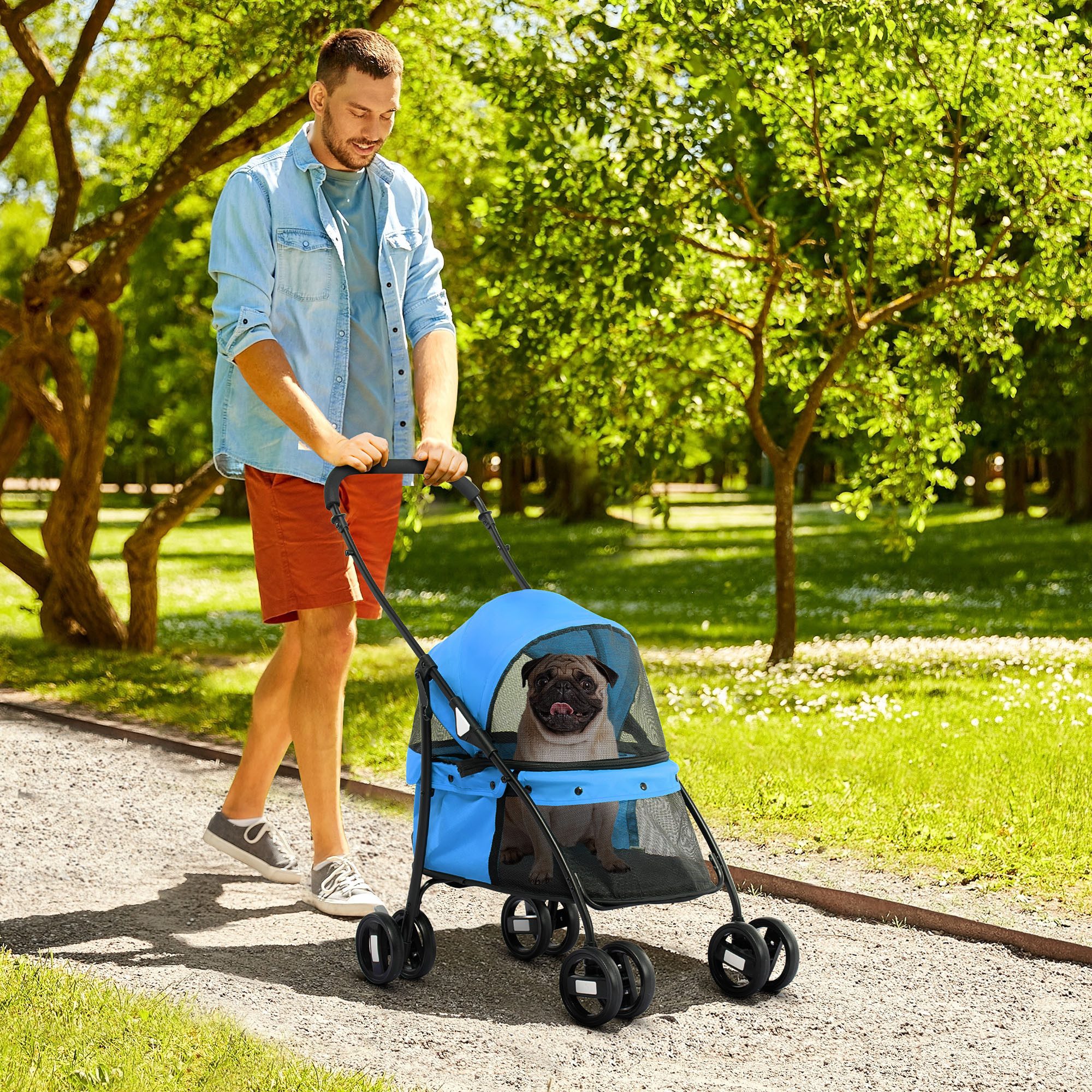 PawHut Hundebuggy Hundewagen mit Kissen, Klappbar Katzenwagen, Oxford-Gewebe, Blau, (1-tlg), Verstellbares Dach von PawHut