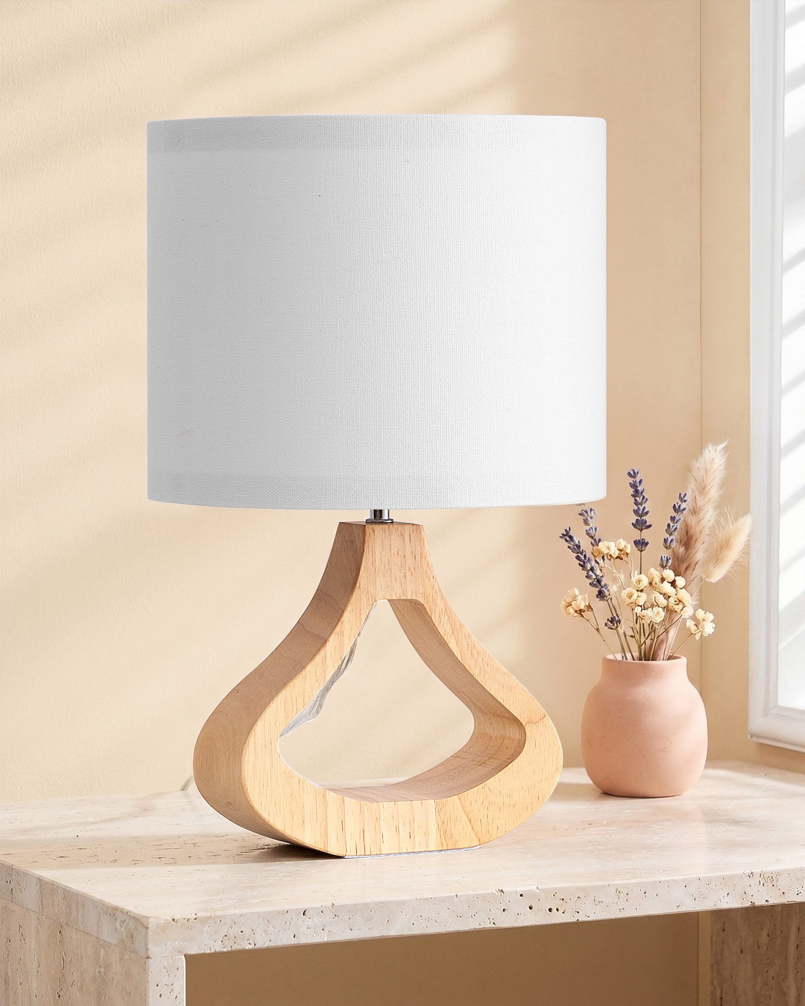 EDISHINE Nachttischlampe Höch 34cm Holz, Holzdeko, LED wechselbar, warmweiß, Lampe mit Ein-/Ausschalter, E27 Fassung mit 2700K LED-Glühbirne