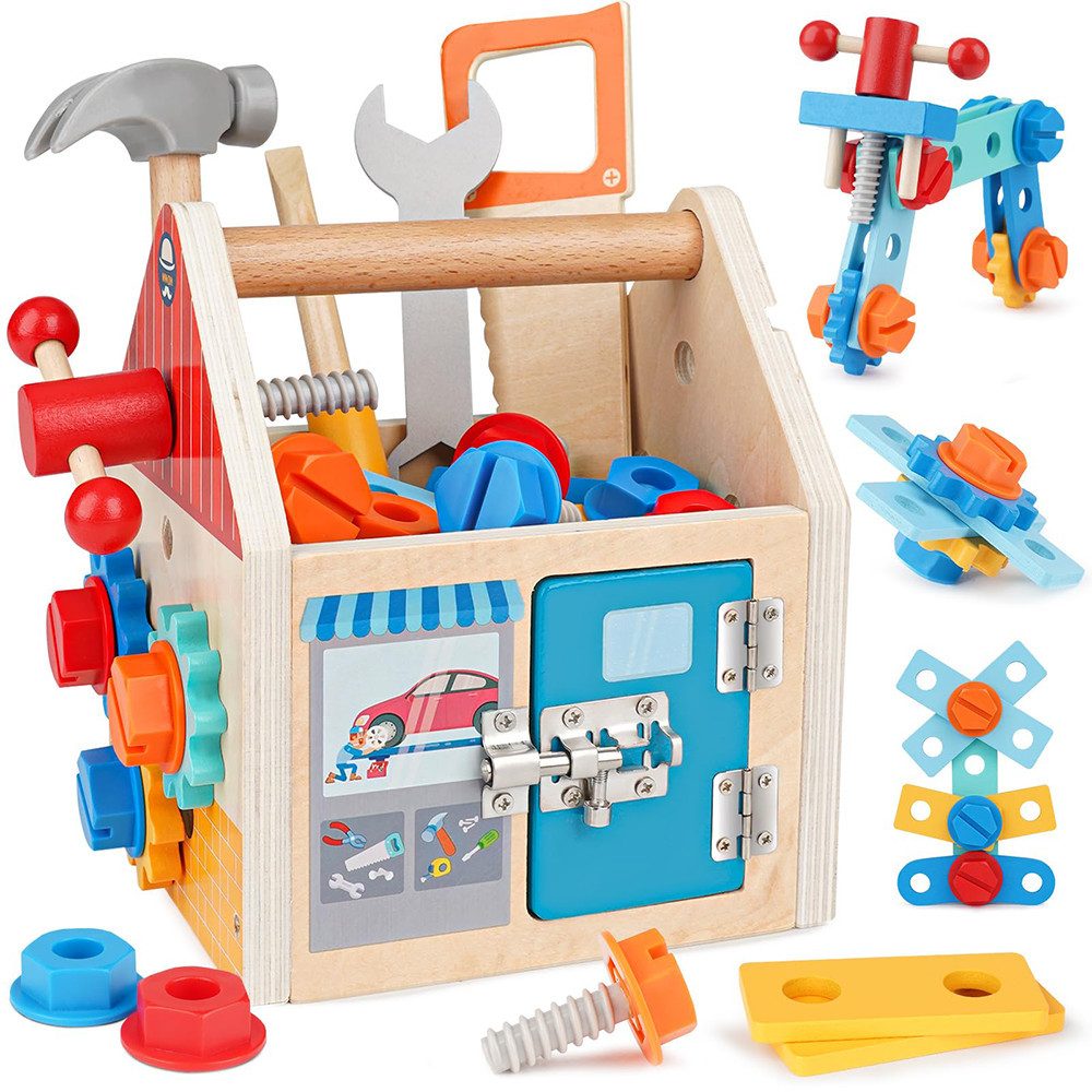 CLTYQ Spielwerkzeugkoffer Montessori Werkzeugkoffer aus Holz für Kinder ab 3 Jahren, (32-tlg., Навчальні іграшки mit Hammer,Zange & Schrauben,Werkbank-Zubehör), Werkzeugkoffer Geschenk Junge Mädchen 3 4 5 Jahre