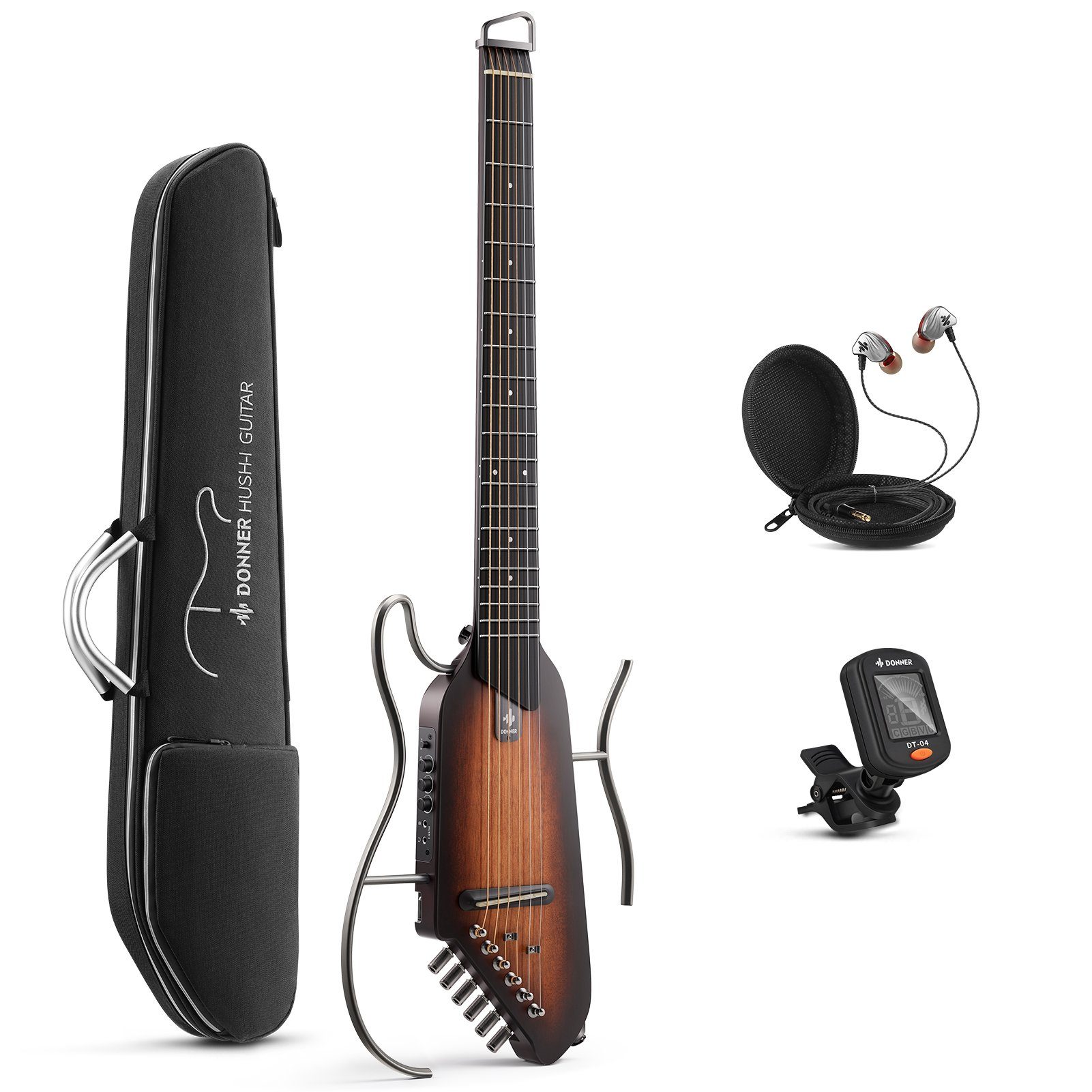 Donner Gitalele HUSH™ I Akustik-E-Gitarre Kopflose Ahornholz mit Kopfhörern, Gigbag, Kopflos, Set, tragbar In jeder Zeit spielen Lärmminderung