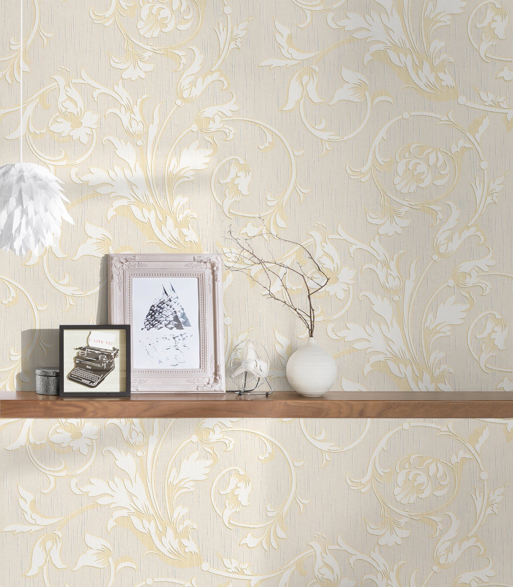 Blumen samtig, Tessuto, Floral creme/gold Architects Tapete Barock, Textiltapete Paper floral,