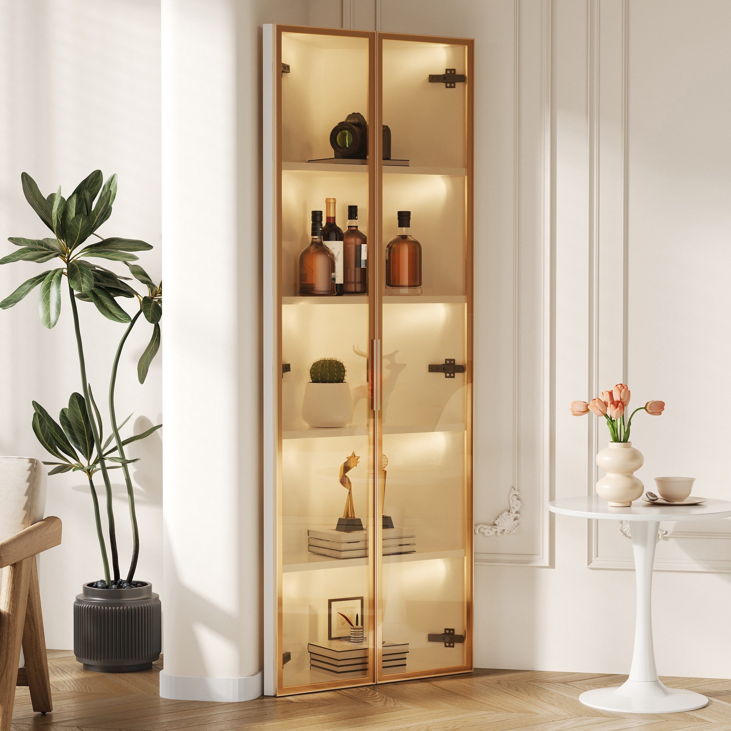 STILVORA Vitrine glas LED Eckvitrine Weinschrank mit integriertem Lichtband Weiß (Weinschrank, Badezimmerschrank, für Eckpositionen, 1-St., Türen aus gehärtetem Glas) integrierte Lichtleiste