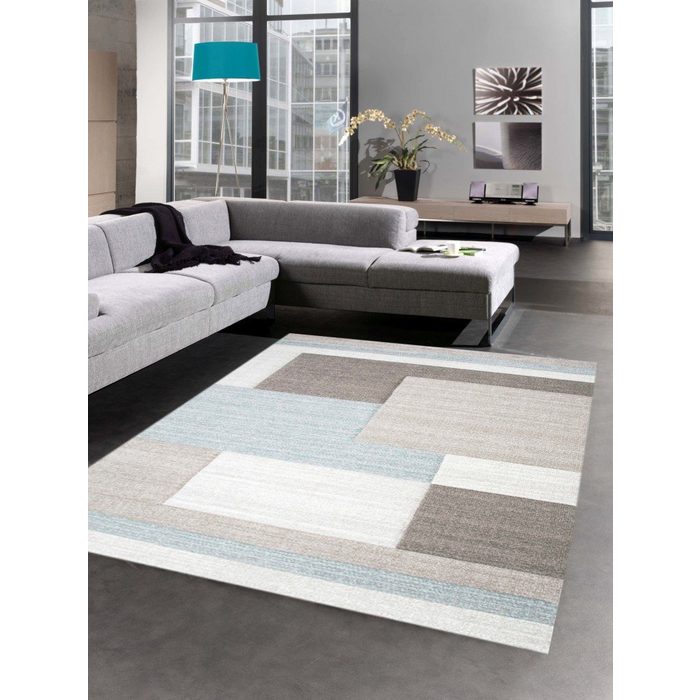 Teppich Moderner Teppich Kurzflor Wohnzimmerteppich Konturenschnitt Karo abstrakt pastell blau taupe Carpetia rechteckig Höhe: 13 mm