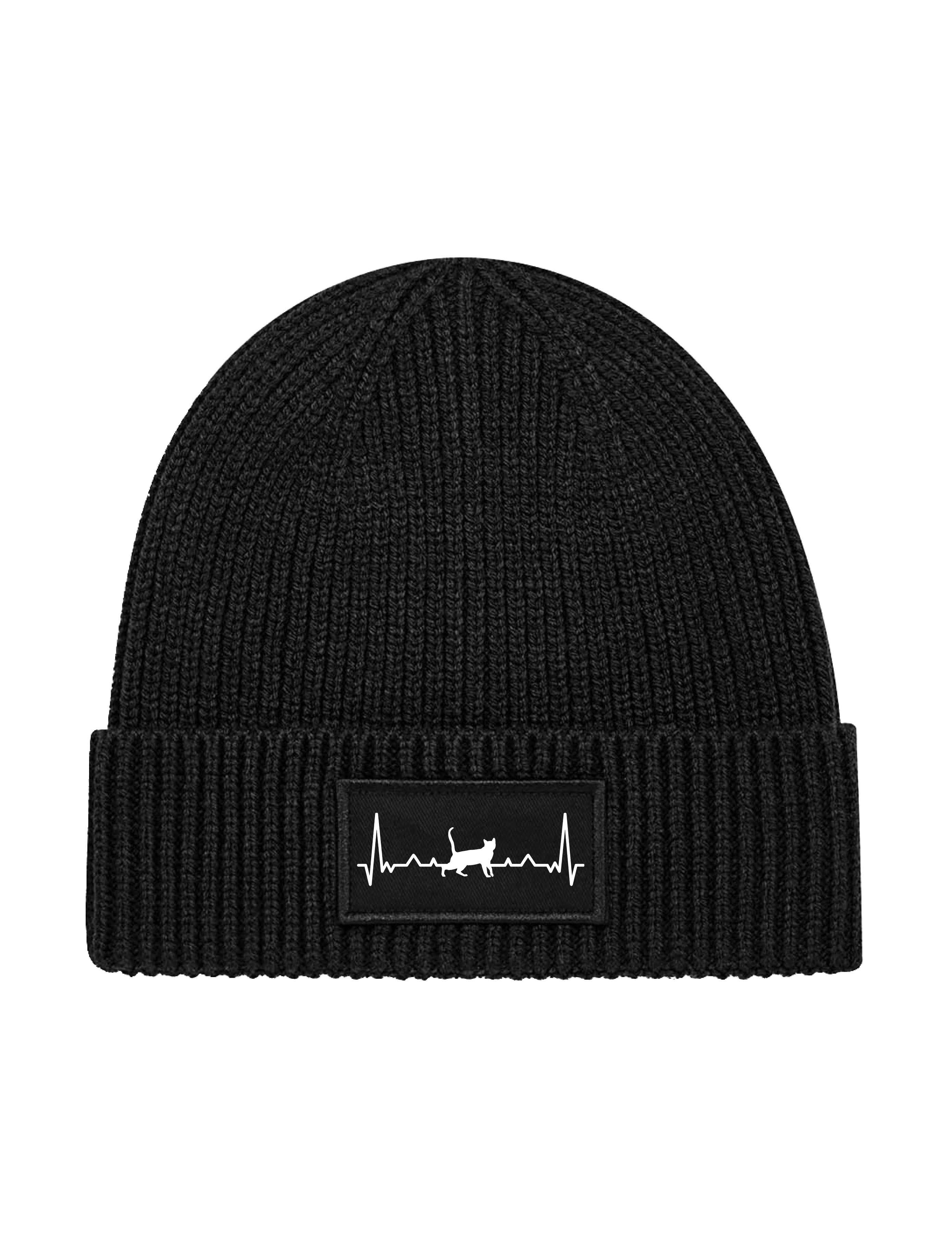 Beanie Unisex Strick Beanie Mütze mit Heartbeat Katze Herz Aufdruck Geschenk