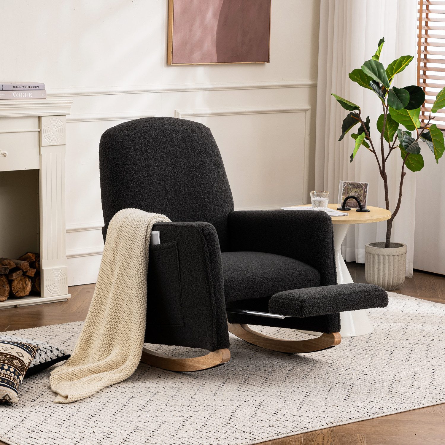 GLP Schaukelsessel Schaukelsessel mit Hocker, ergonomischer Relaxsessel (bis 120 kg belastbar, stabiler Stuhl mit Holzfüßen und hoher Rückenlehne), stilvolles und bequemes Design für Wohnzimmer und Schlafzimmer