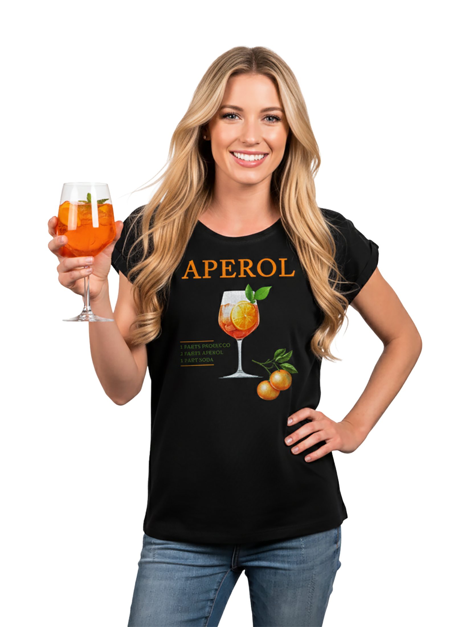 MAKAYA Print-Shirt Damen mit Orangen Motiv Aperol Spritz Glas Party Outfit Lässig Elegant (Schwarz, Weiß, Blau, Grau, Grün, Rosa, 34, 36, 38, 40, 42, 44, 46, 48, 50) große Größen