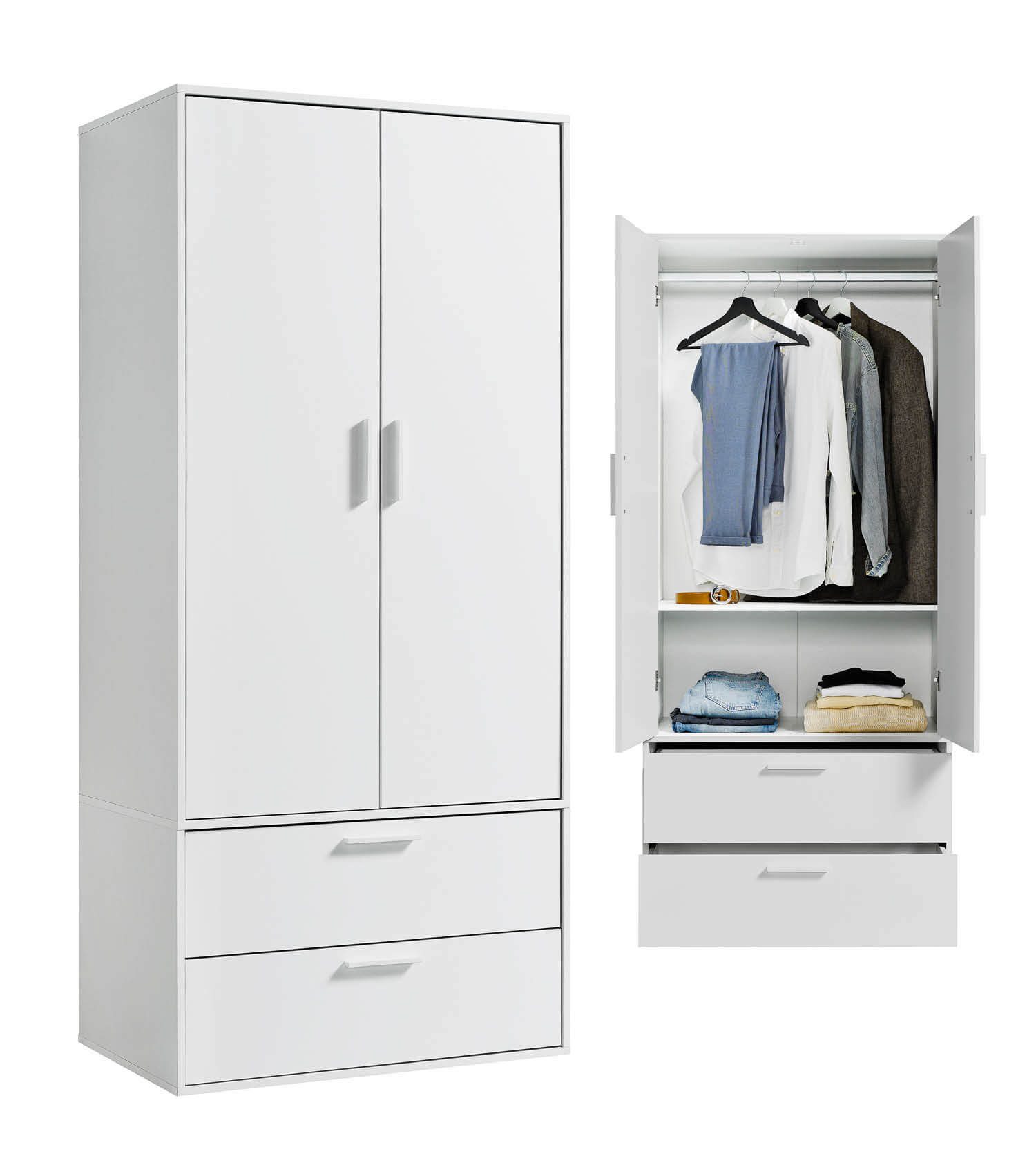 mokebo Kleiderschrank Der Kleiderheld (80x180x51 cm, 2-türig, 2 Schubladen & 2 Einlegeböden) Made in Germany, Garderobenschrank, Schlafzimmerschrank in Weiß