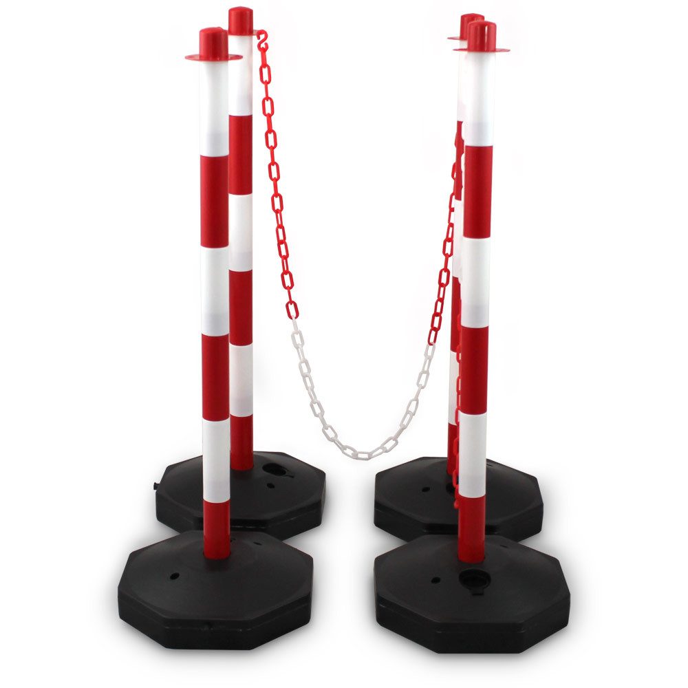Bituxx Absperrständer 4x Absperrpfosten mit 3x Kette 1,50m Rot / Weiß, (MS-19389)