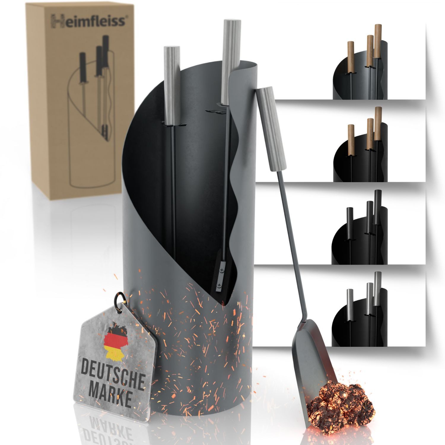 Heimfleiss® Kamingarnitur Modernes Інструменти для камінів aus Stahl & Holz – 3-teilig oder 4-teilig, Elegantes Kaminzubehör mit Schaufel, Besen & Schürhaken, Stilvoll
