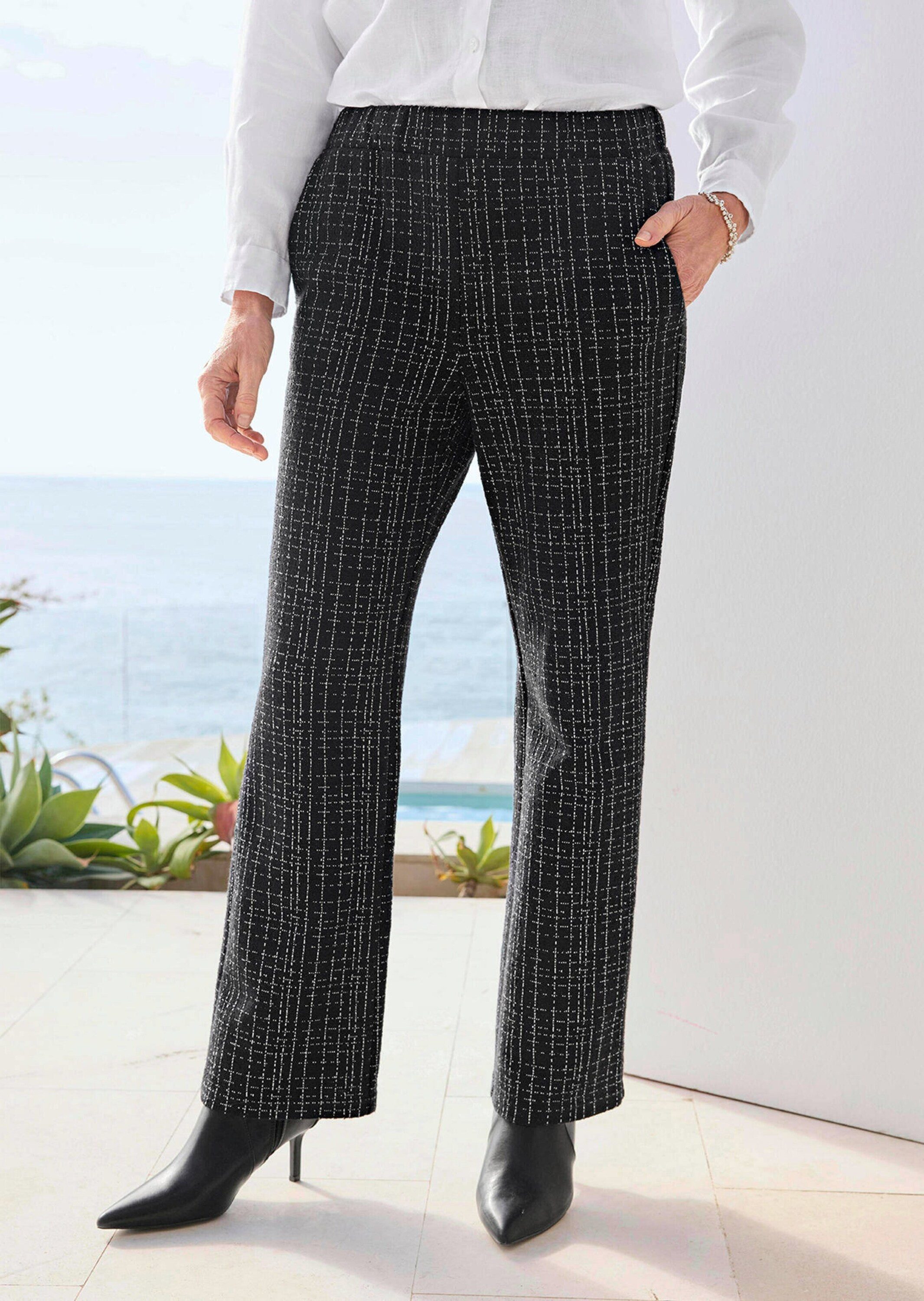 GOLDNER Stoffhose Kurzgröße: Elegante Businesshose VERA in Tweed Stilvolle, gerade Hose mit Karomuster und Glanzgarn, hoher Bund