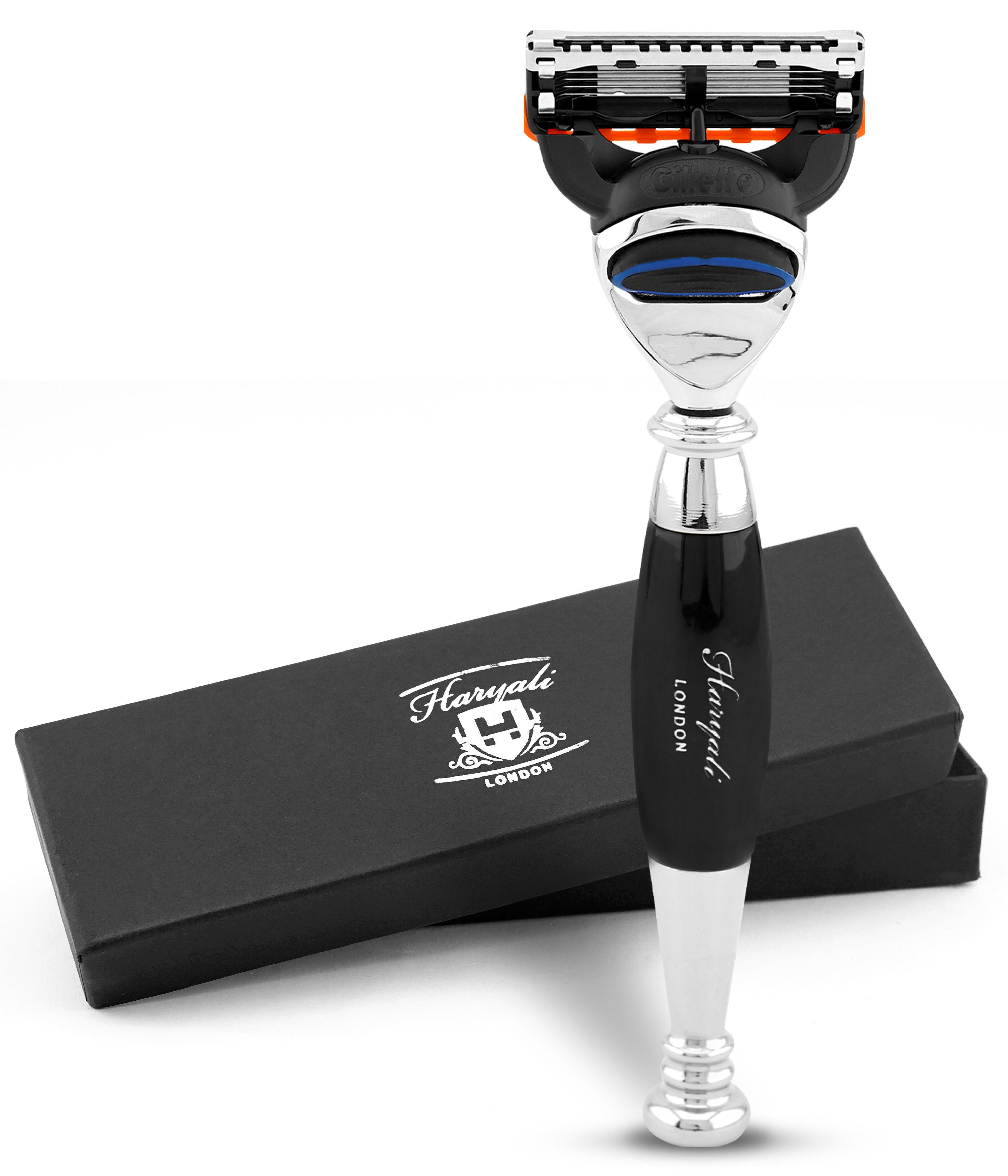 Haryali London Nassrasierer Fusion 5 Unisex-Rasierer für Körper und Gesicht, schwarzer Griff, Pack, Rasierer mit Klinge und MESSINGHARZ Finish, Abwaschbarer, rutschfester Griff. Passend für alle Fusion5 Rasier.