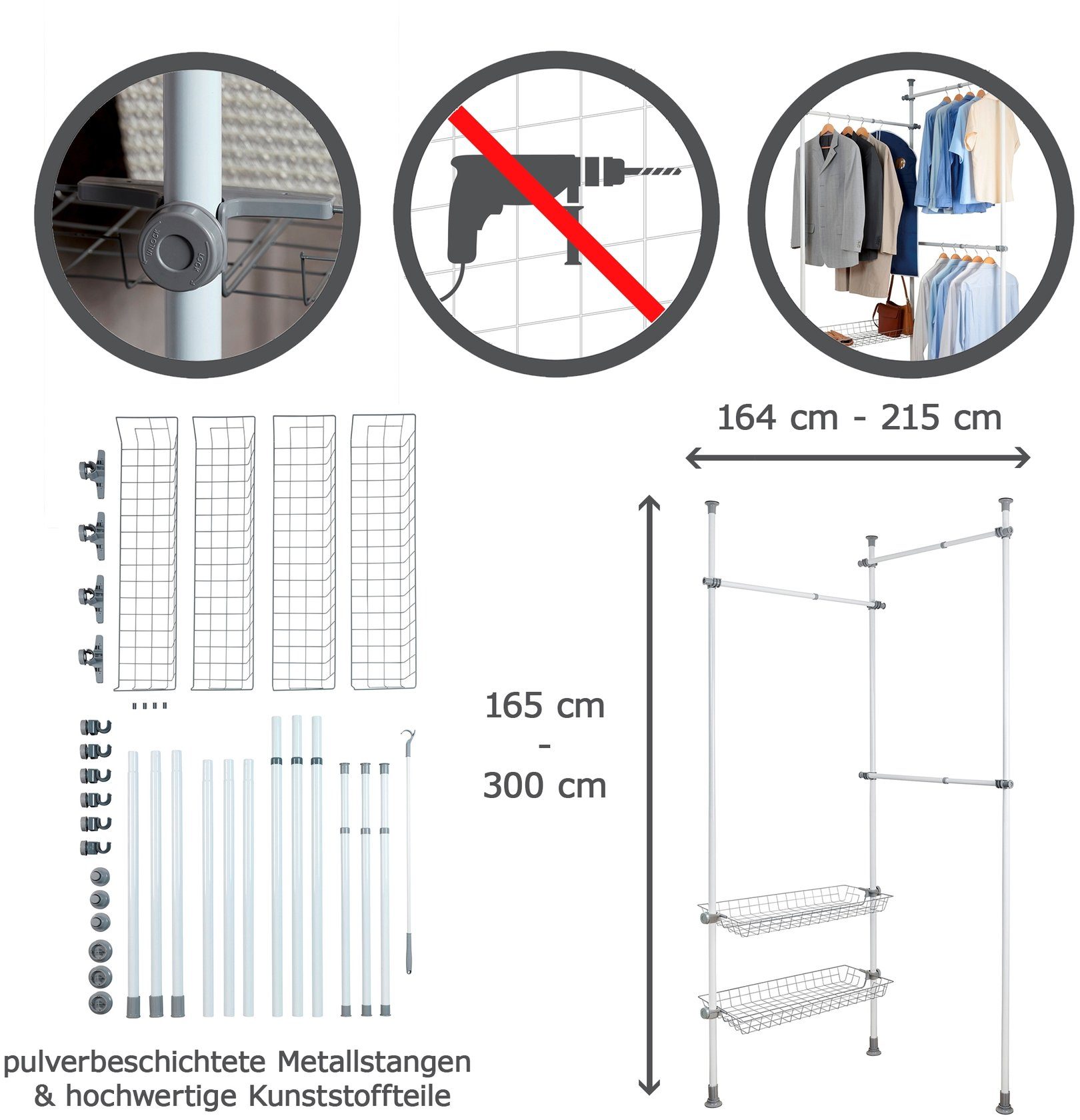 Grau, sowie Kunststoffteile: in Duo, in Höhe von Stangen: Breite Anti-Rutsch Kunststoffteile: Herkules der der WENKO Grau ausziehbar 164-215 Weiß, Teile 165-300 cm cm der Teleskopregal