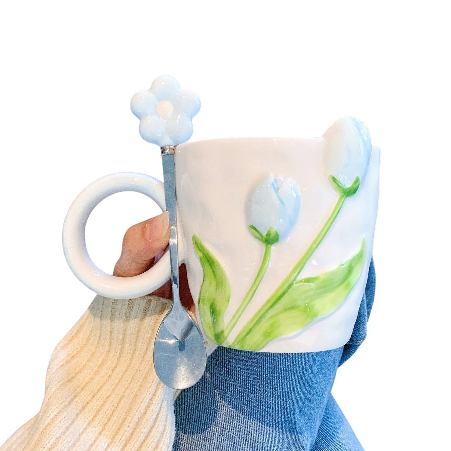 Dark-Desires Tasse Vintage Keramik-Tasse in blau mit Tulpen-Motiv und Löffel