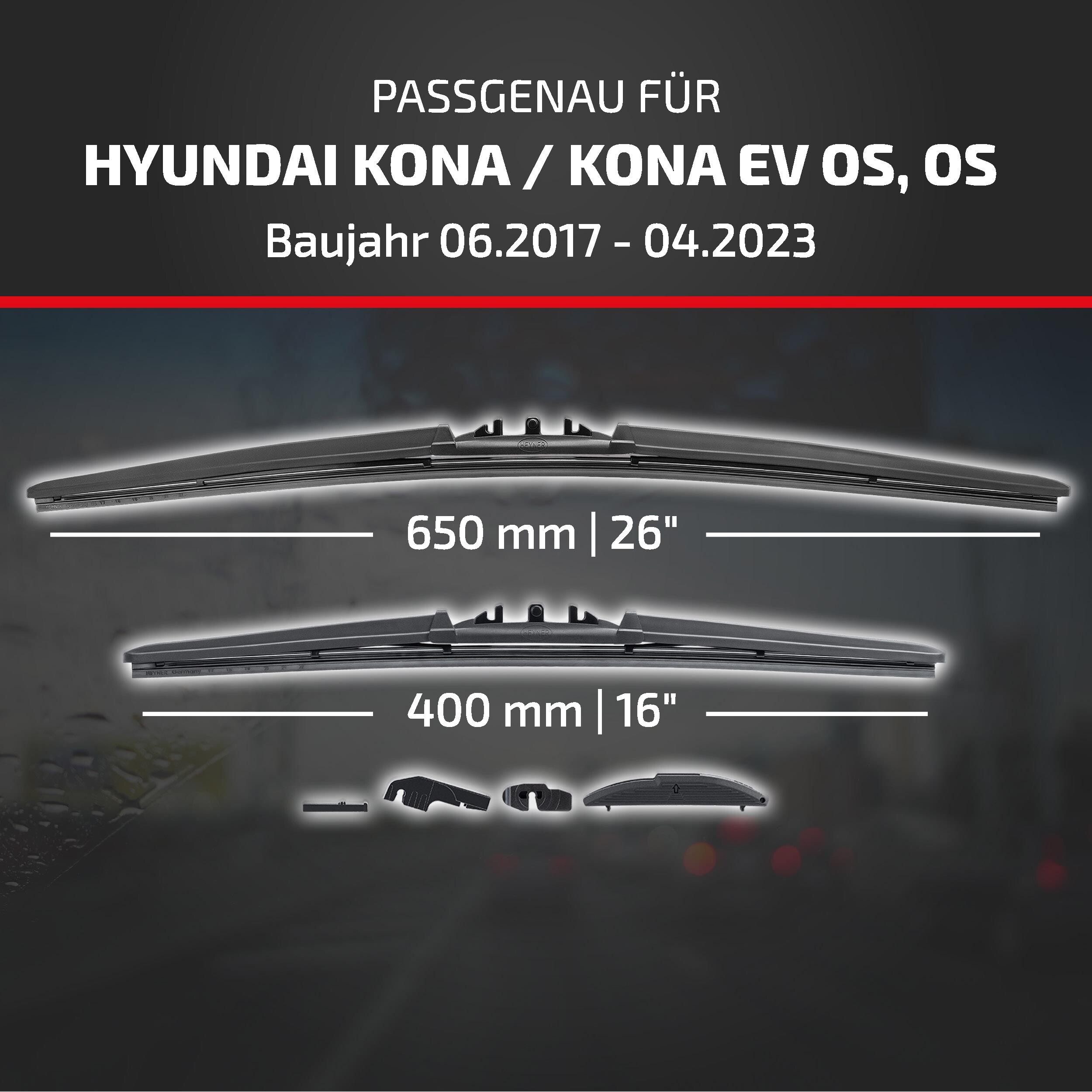 HEYNER Scheibenwischblätter passend für HYUNDAI KONA / KONA EV, 06.2017 - 04.2023, Frontscheibe, (Packung, 2-St., Scheibenwischer), mit Nano Graphit Beschichtung